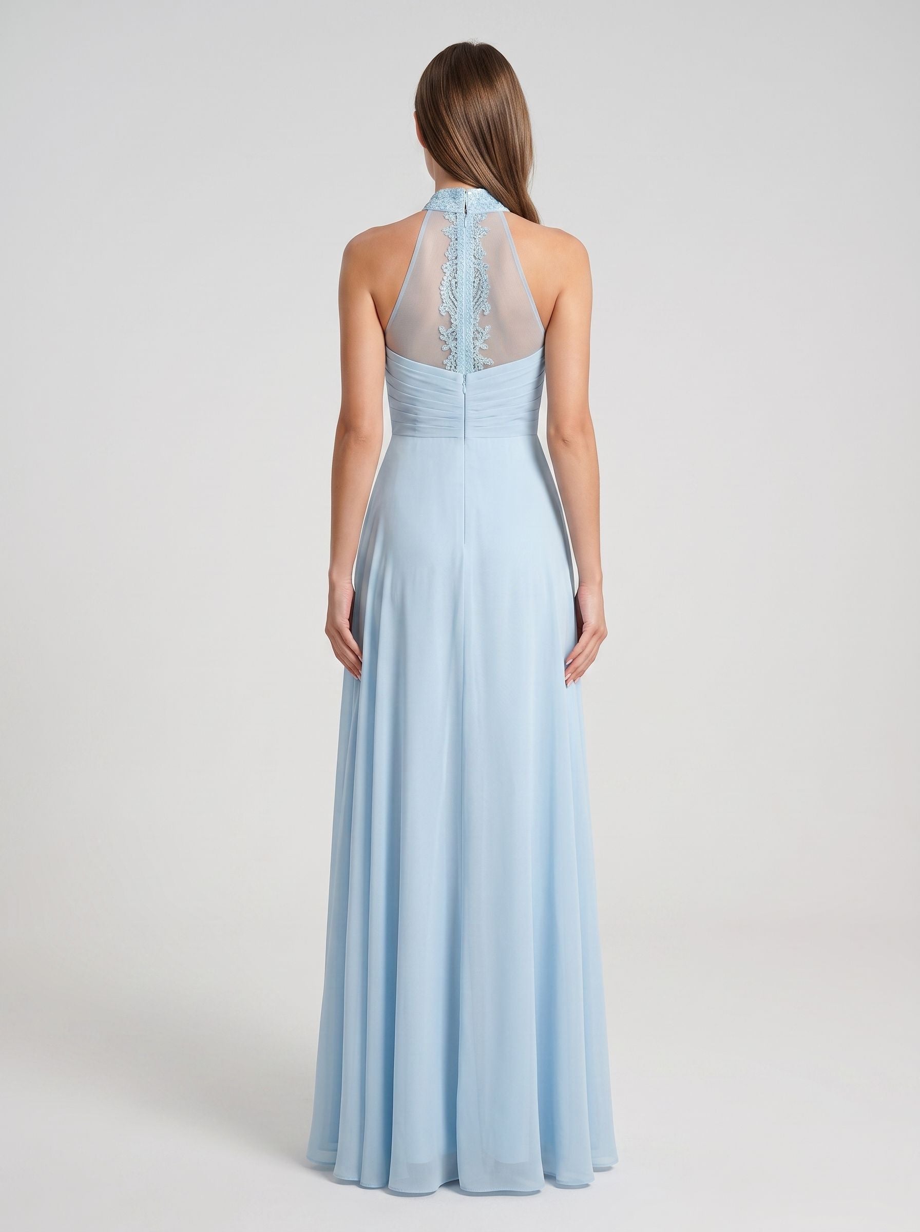 Sky Blue Chiffon  A-Line Sweetheart Illusion Floor-Length Dress with Beaded Neck