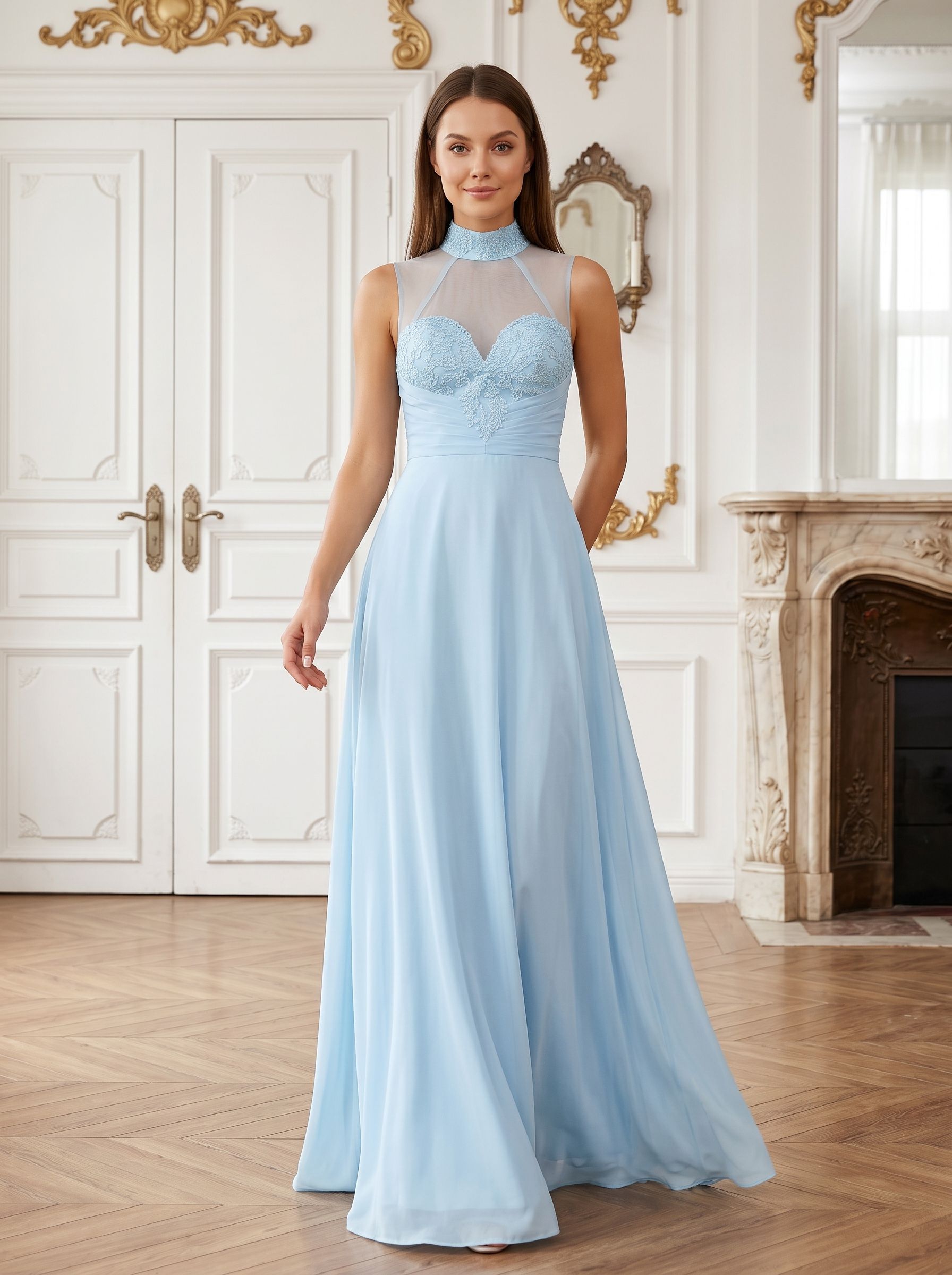 Sky Blue Chiffon  A-Line Sweetheart Illusion Floor-Length Dress with Beaded Neck