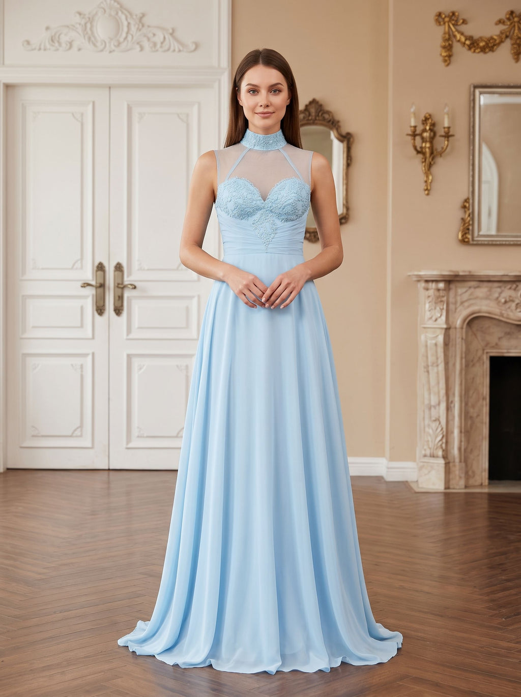 Sky Blue Chiffon  A-Line Sweetheart Illusion Floor-Length Dress with Beaded Neck