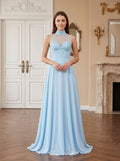 Sky Blue Chiffon  A-Line Sweetheart Illusion Floor-Length Dress with Beaded Neck