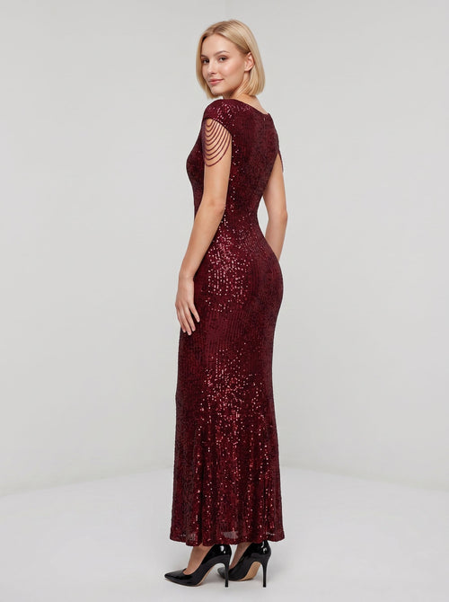 Burgundy Sequins Mermaid V-Neck Back Zip Floor-Length Dress with Allover Sequins
