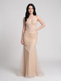 Sand Tulle Mermaid V-Neck Corset Back Floor-Length Dress with 3D Floral Appliques