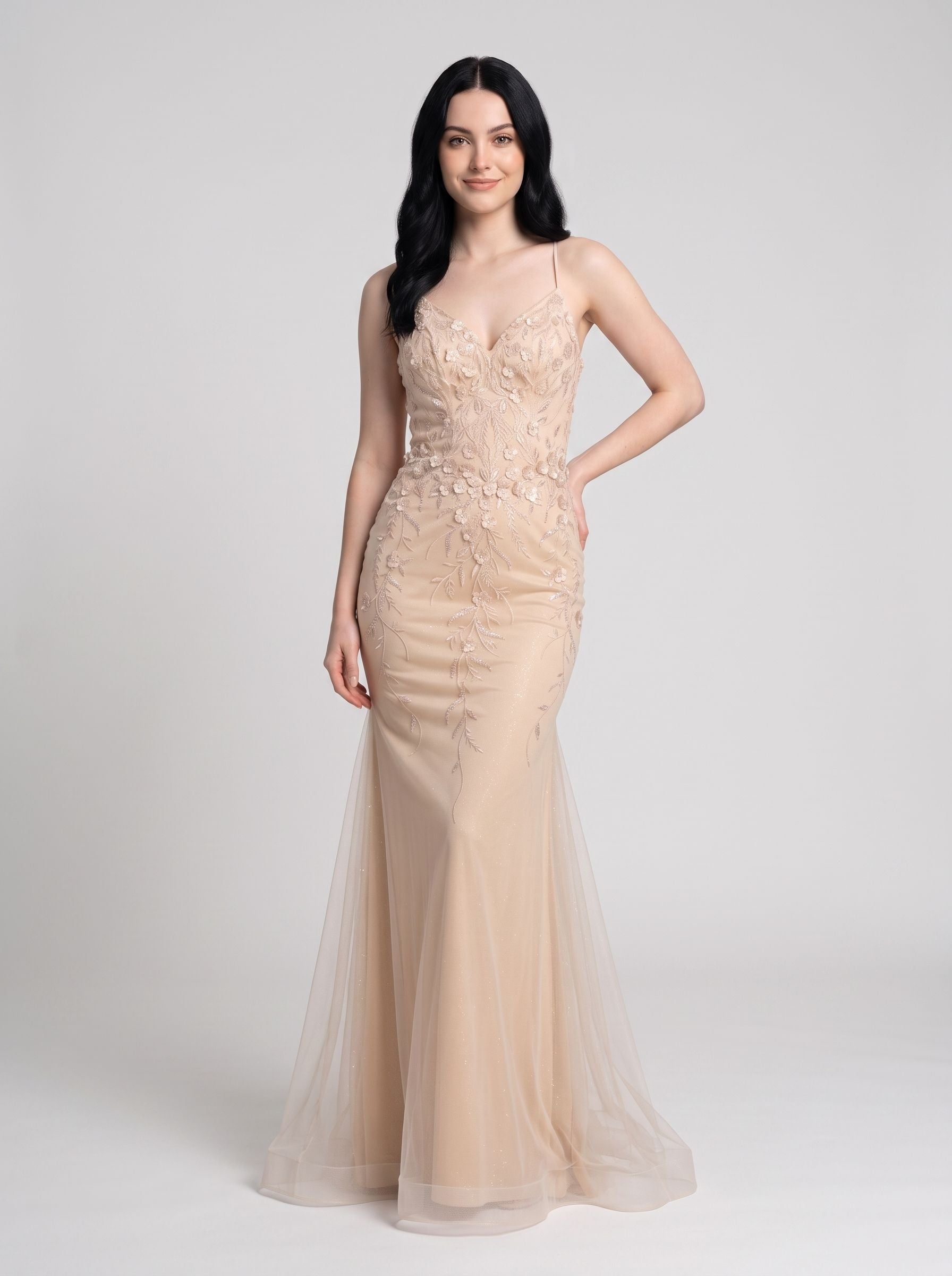 Sand Tulle Mermaid V-Neck Corset Back Floor-Length Dress with 3D Floral Appliques