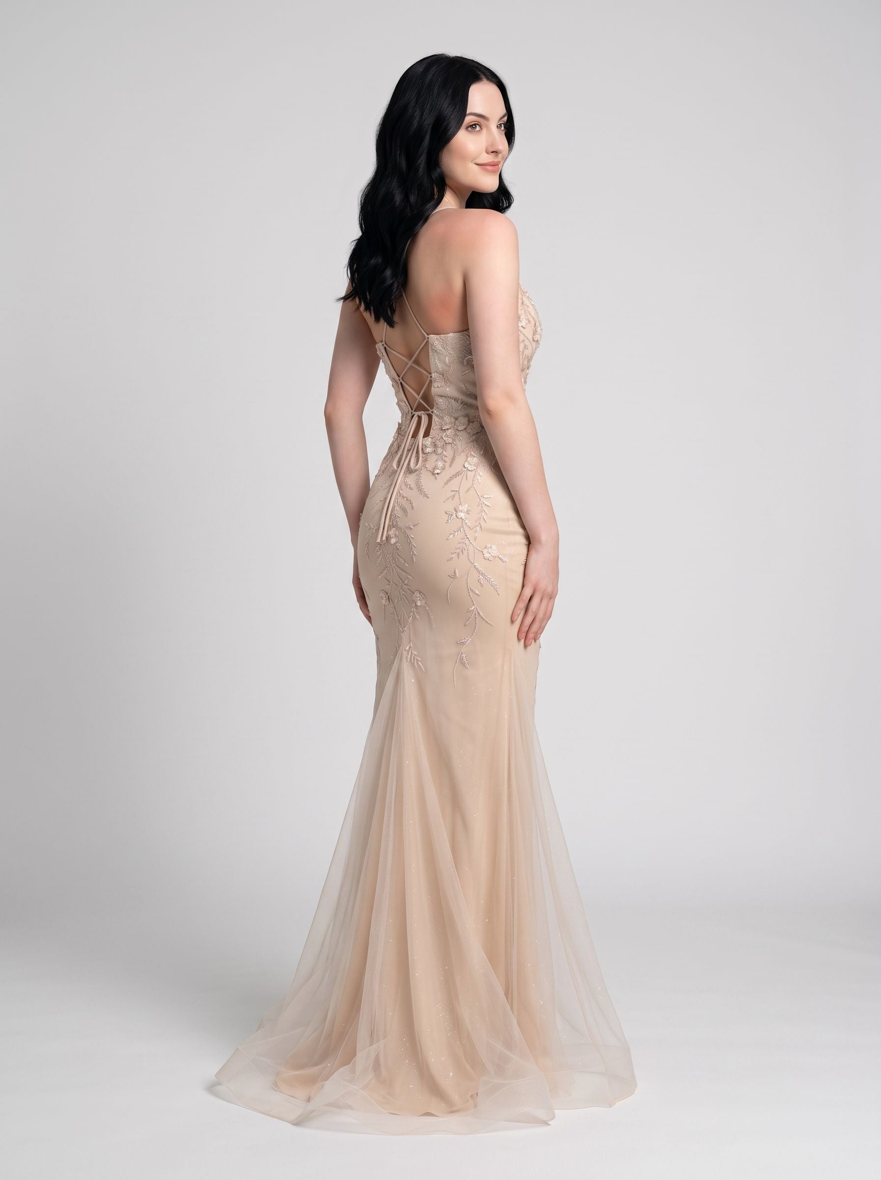 Sand Tulle Mermaid V-Neck Corset Back Floor-Length Dress with 3D Floral Appliques