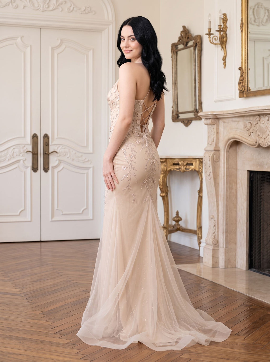 Sand Tulle Mermaid V-Neck Corset Back Floor-Length Dress with 3D Floral Appliques