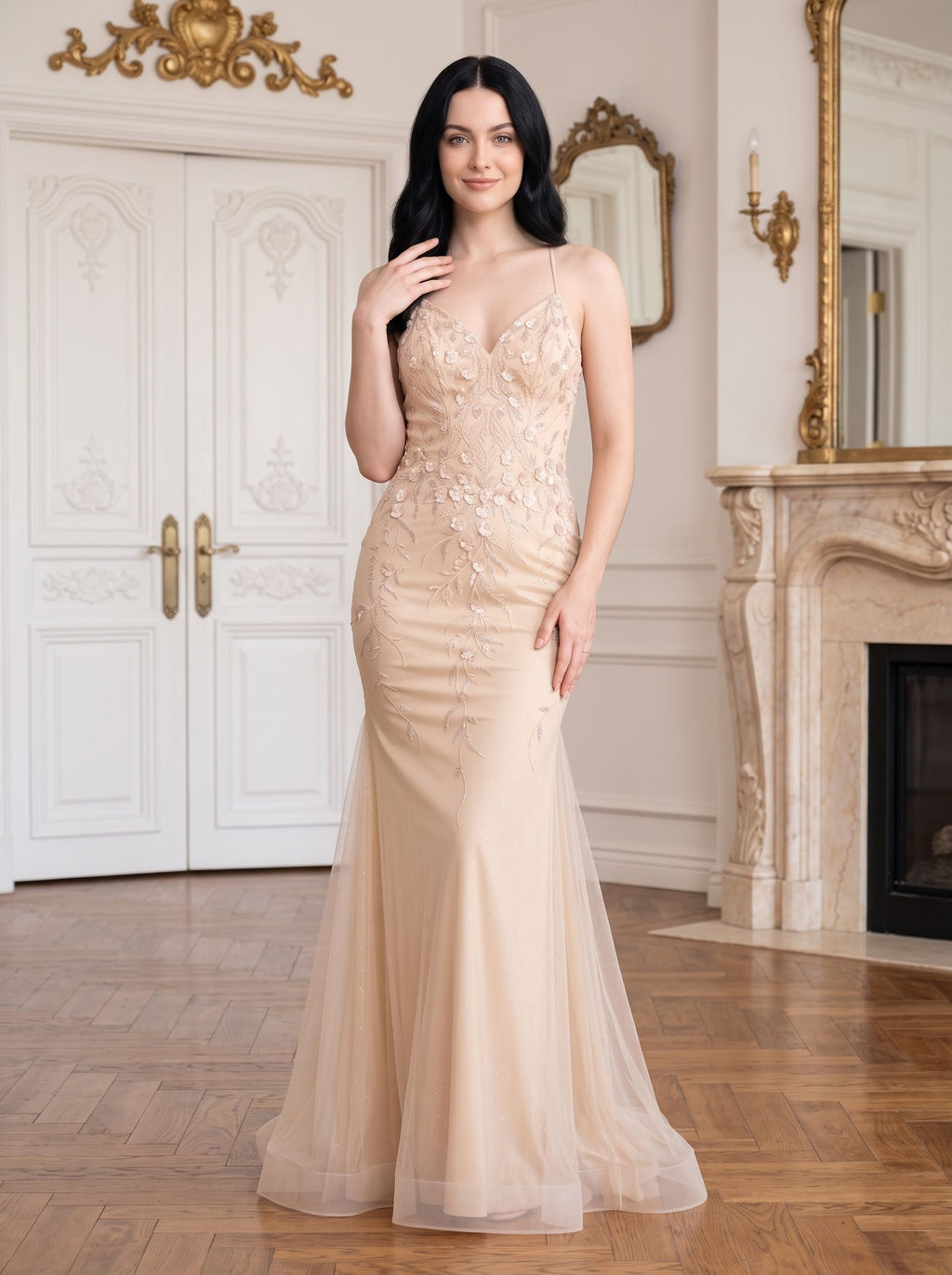 Sand Tulle Mermaid V-Neck Corset Back Floor-Length Dress with 3D Floral Appliques
