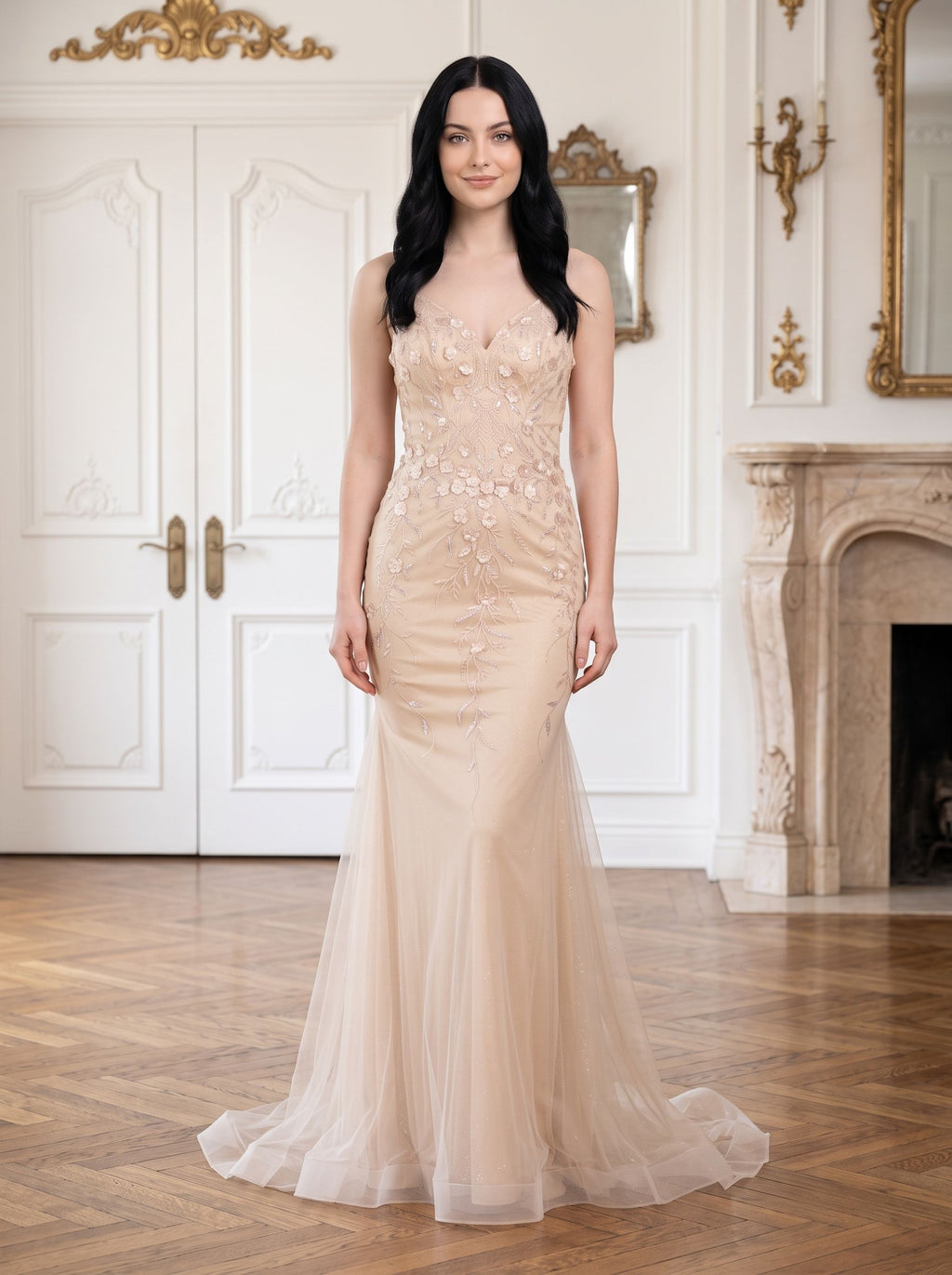 Sand Tulle Mermaid V-Neck Corset Back Floor-Length Dress with 3D Floral Appliques