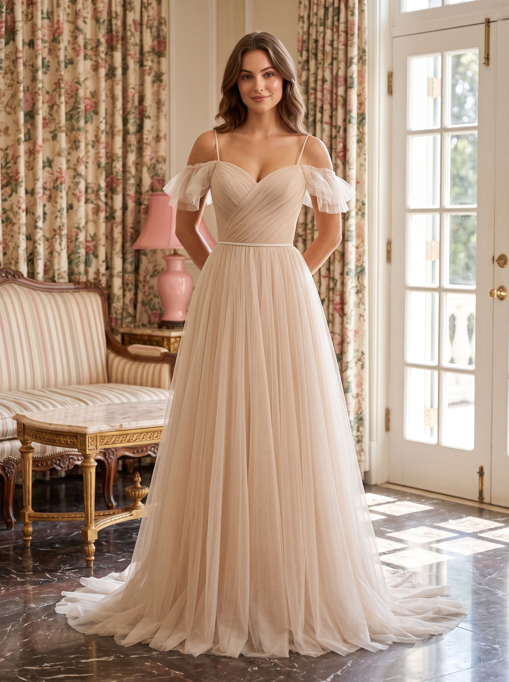 Champagne Tulle A-Line Off-the-Shoulder V-Back Floor-Length Dress with Layered Skirt