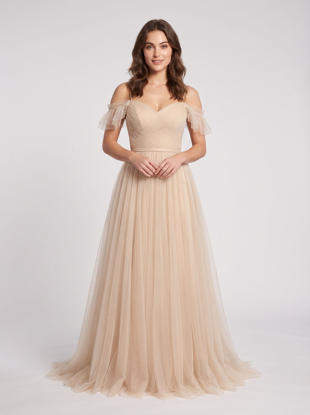 Champagne Tulle A-Line Off-the-Shoulder V-Back Floor-Length Dress with Layered Skirt