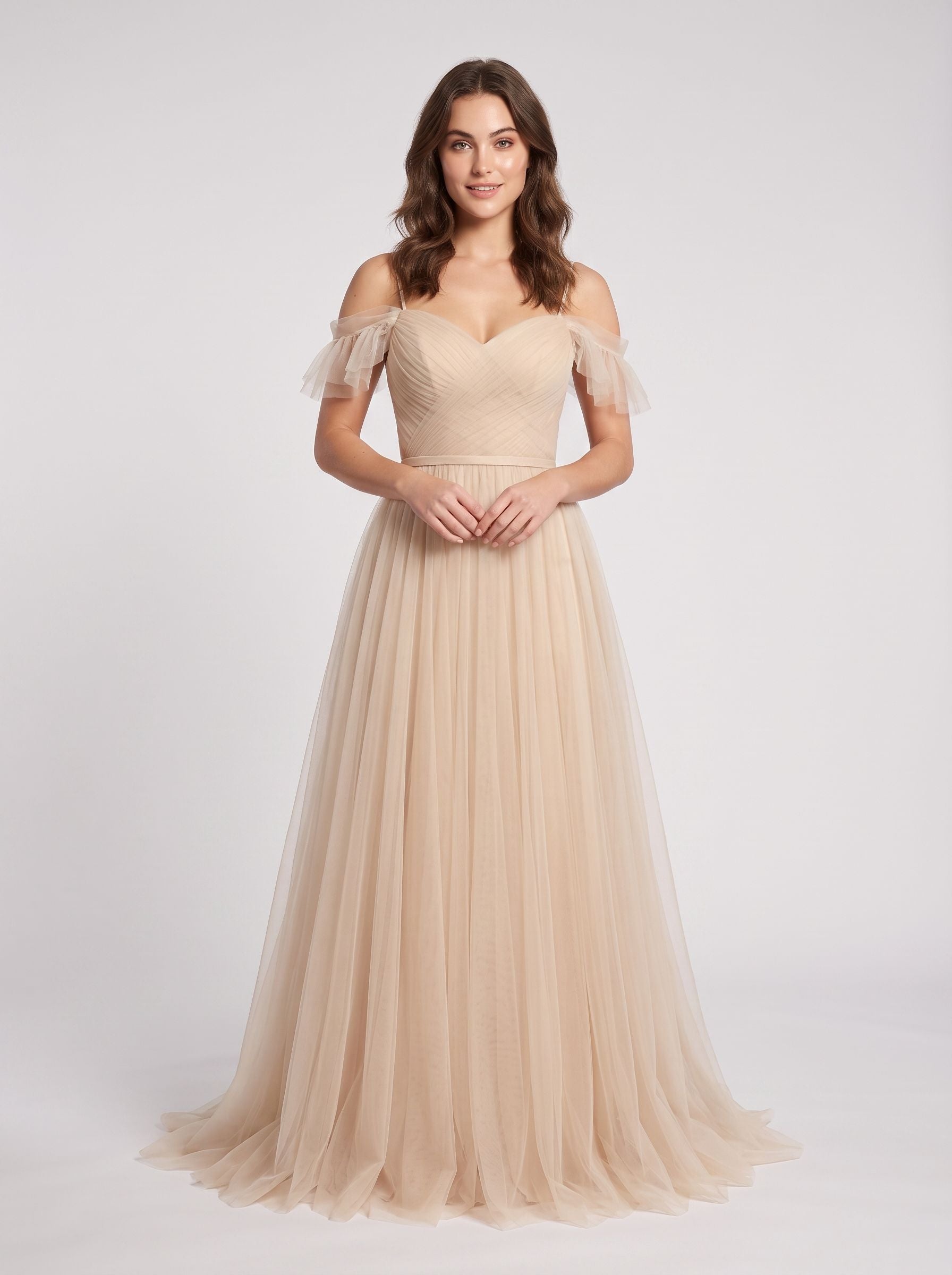 Champagne Tulle A-Line Off-the-Shoulder V-Back Floor-Length Dress with Layered Skirt