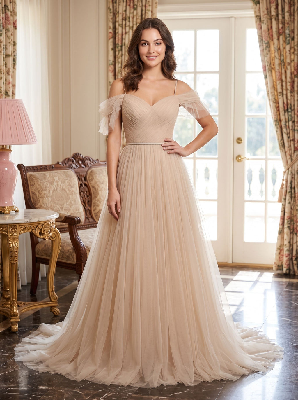 Champagne Tulle A-Line Off-the-Shoulder V-Back Floor-Length Dress with Layered Skirt