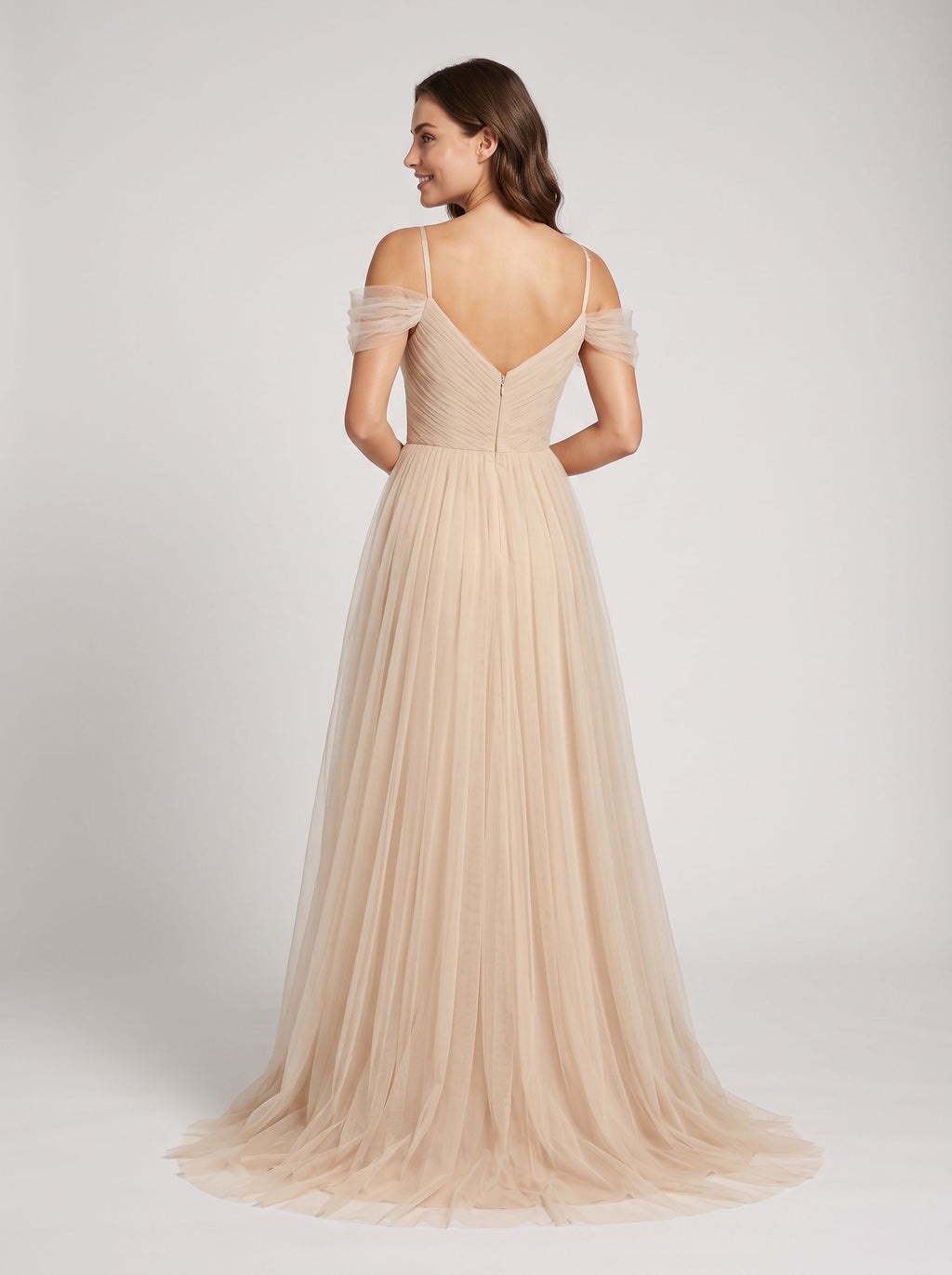 Champagne Tulle A-Line Off-the-Shoulder V-Back Floor-Length Dress with Layered Skirt