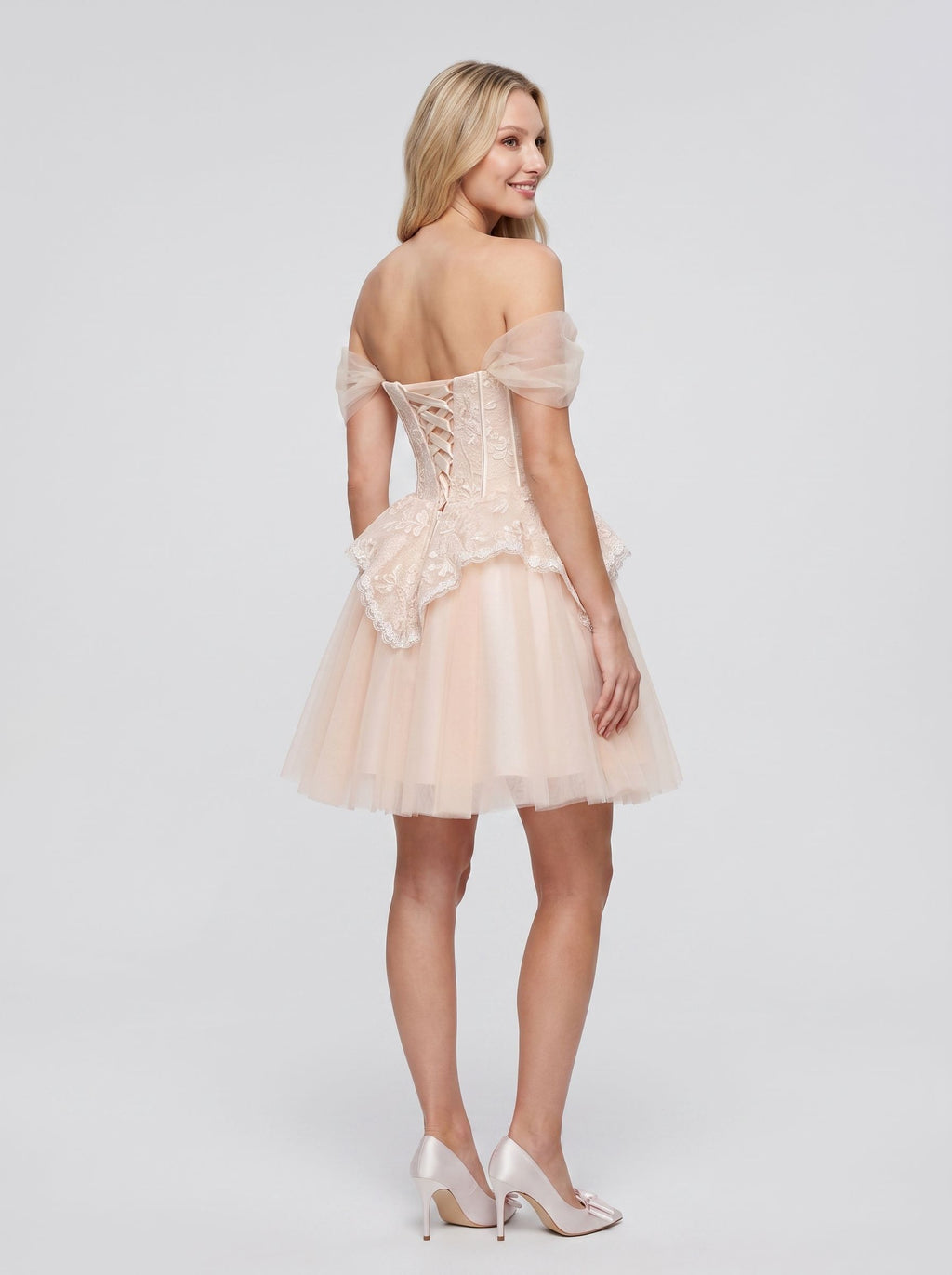 Pink Tulle A-Line Off-the-Shoulder Criss-Cross Straps Short Dress with Pearl Appliques