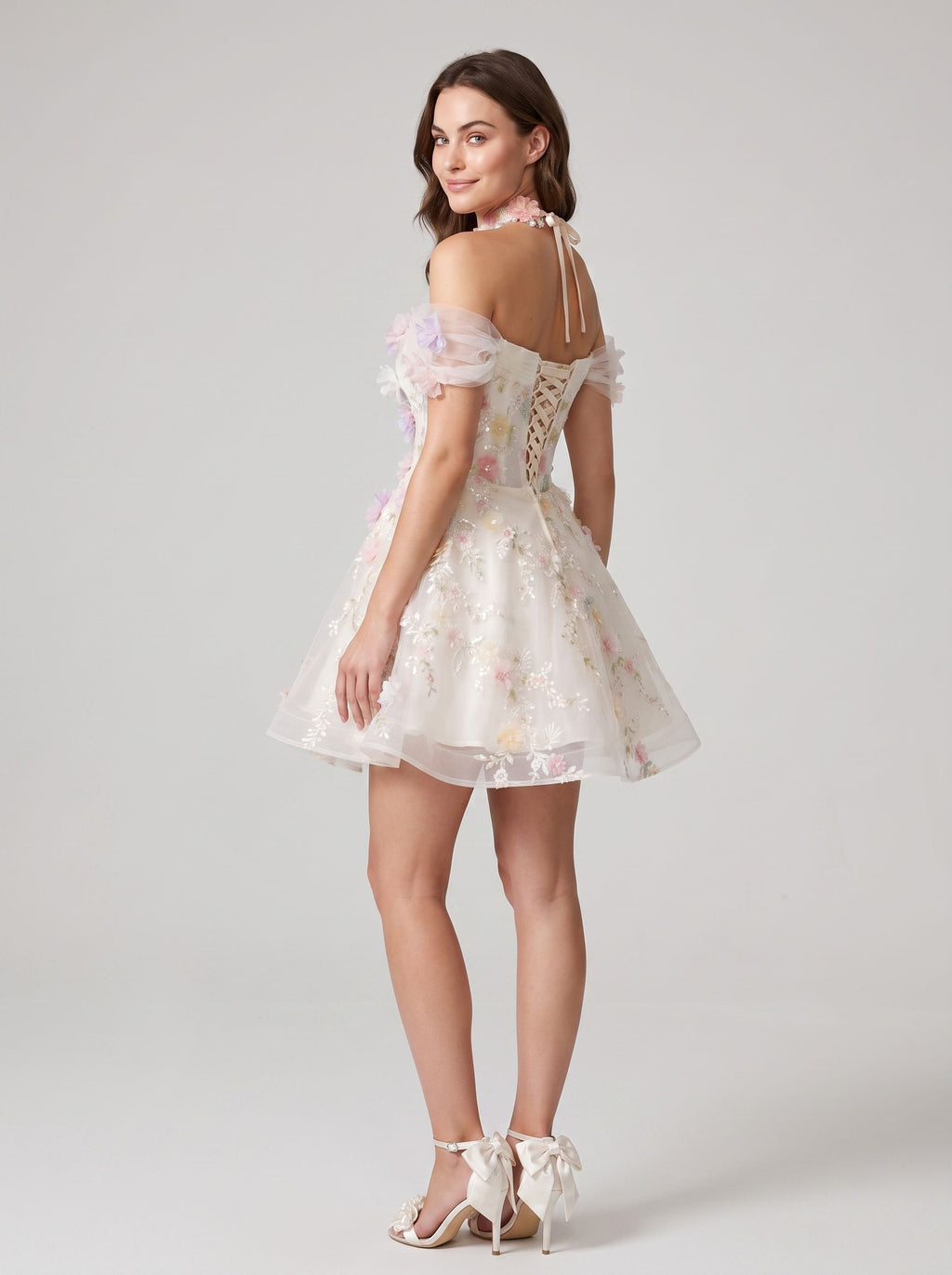 White Tulle A-Line Off-the-Shoulder Lace-up Short Dress with 3D Florals