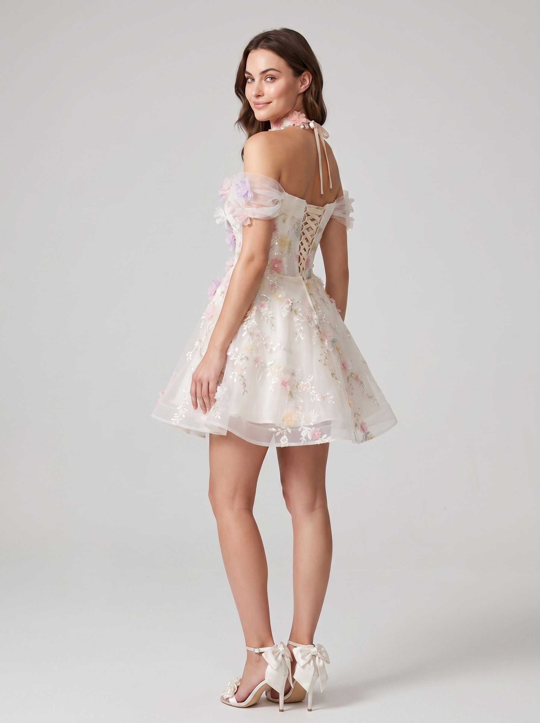 White Tulle A-Line Off-the-Shoulder Lace-up Short Dress with 3D Florals