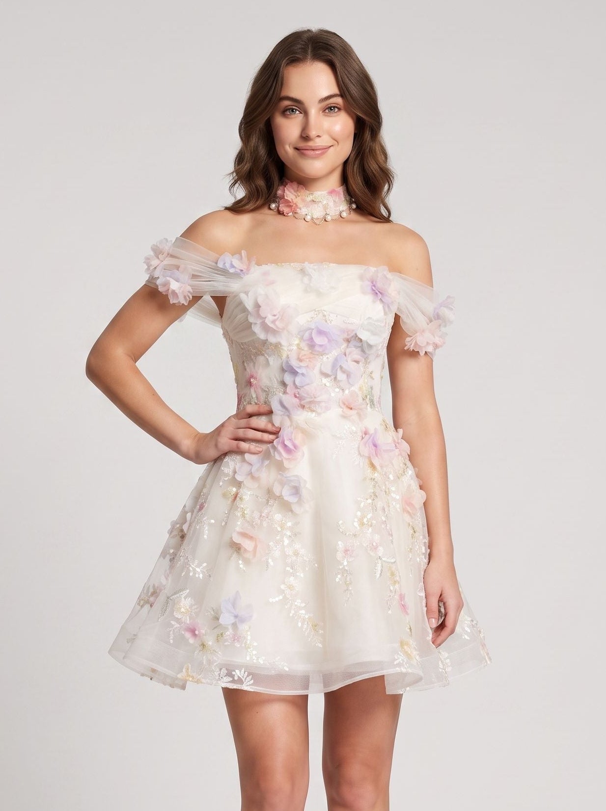 White Tulle A-Line Off-the-Shoulder Lace-up Short Dress with 3D Florals