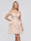 Pink Tulle A-Line Off-the-Shoulder Criss-Cross Straps Short Dress with Pearl Appliques