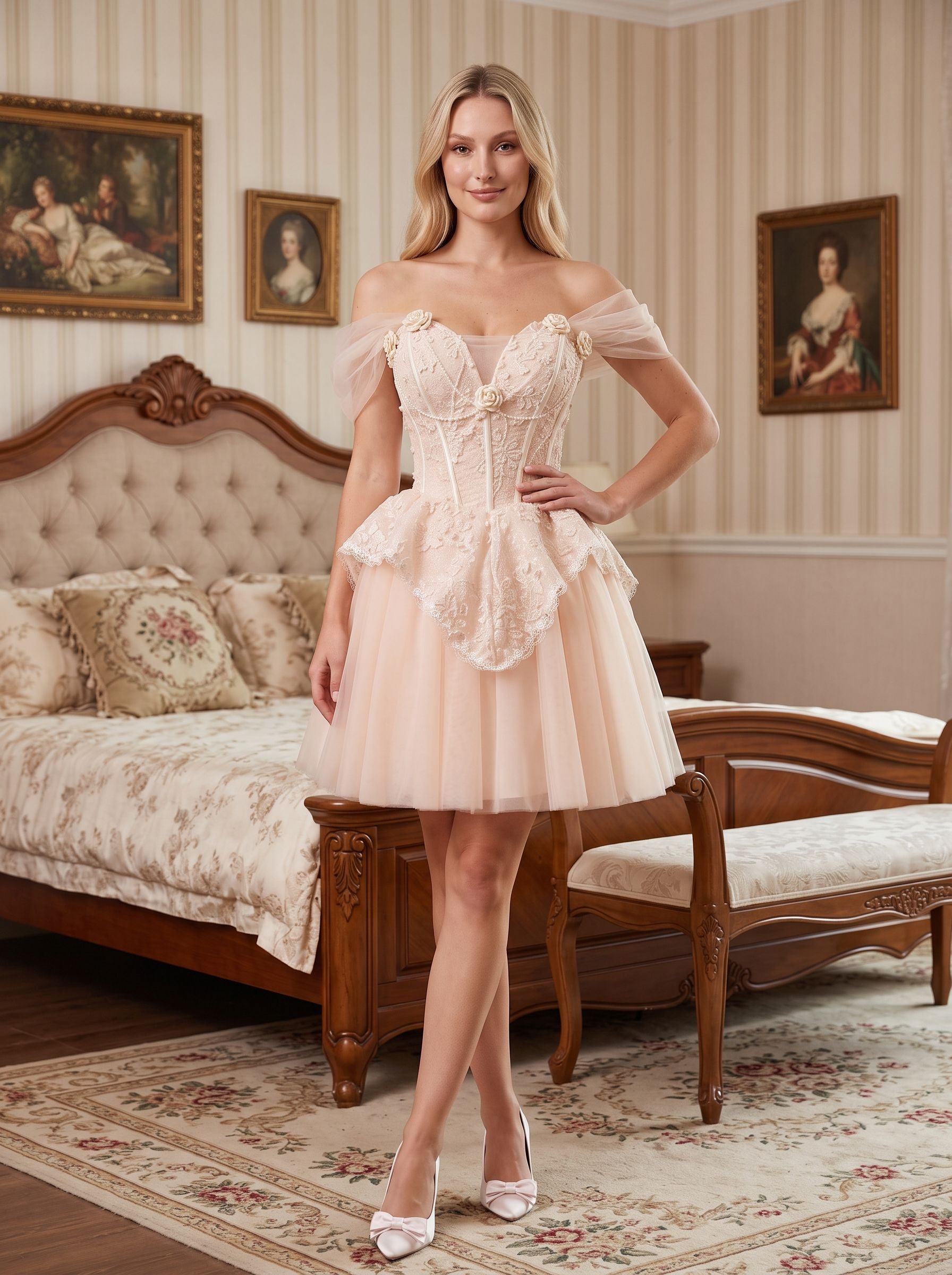 Pink Tulle A-Line Off-the-Shoulder Criss-Cross Straps Short Dress with Pearl Appliques