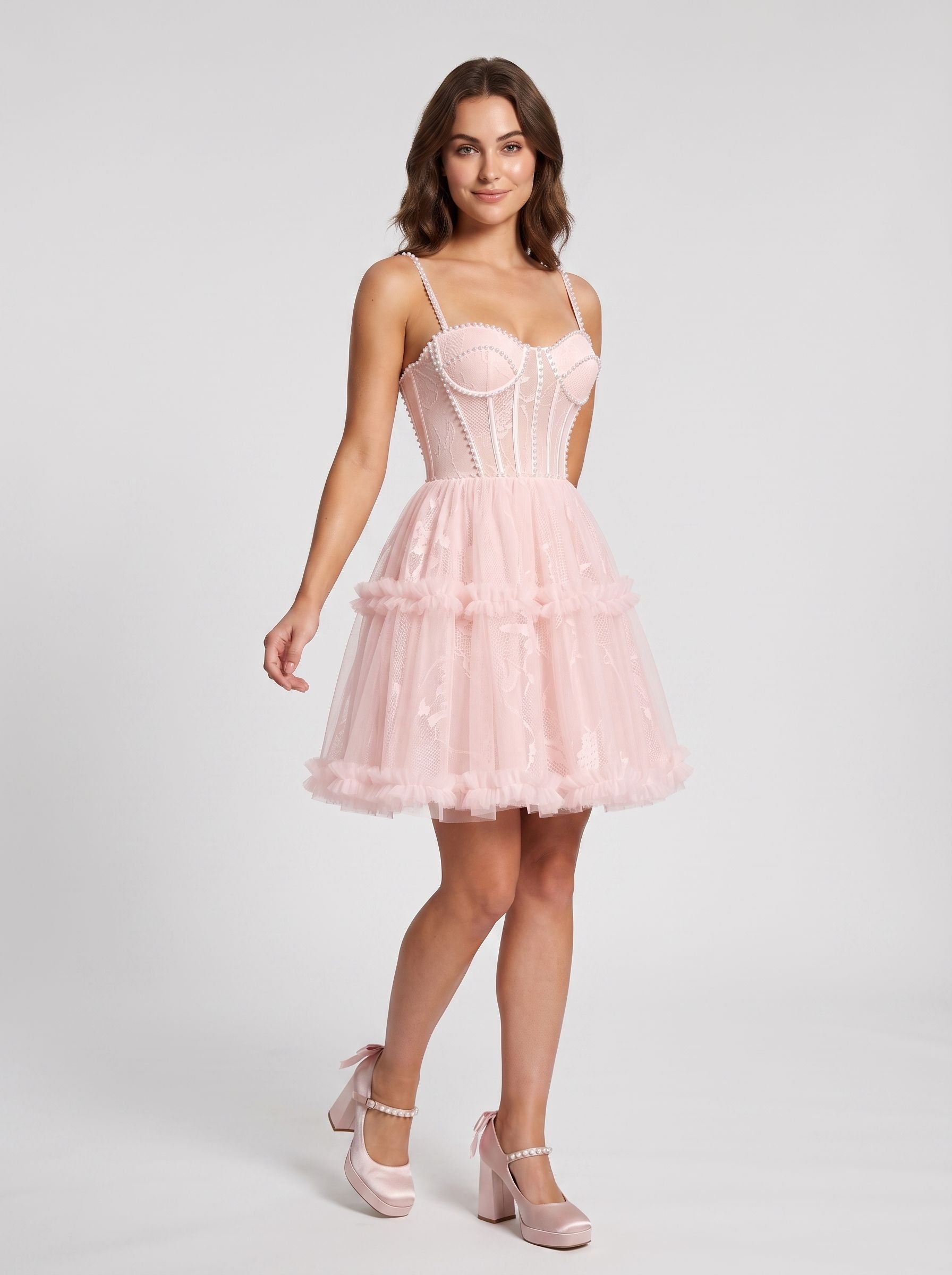 Blushing Pink Tulle A-Line Sweetheart Criss-Cross Straps Short Dress with Beaded Bodice
