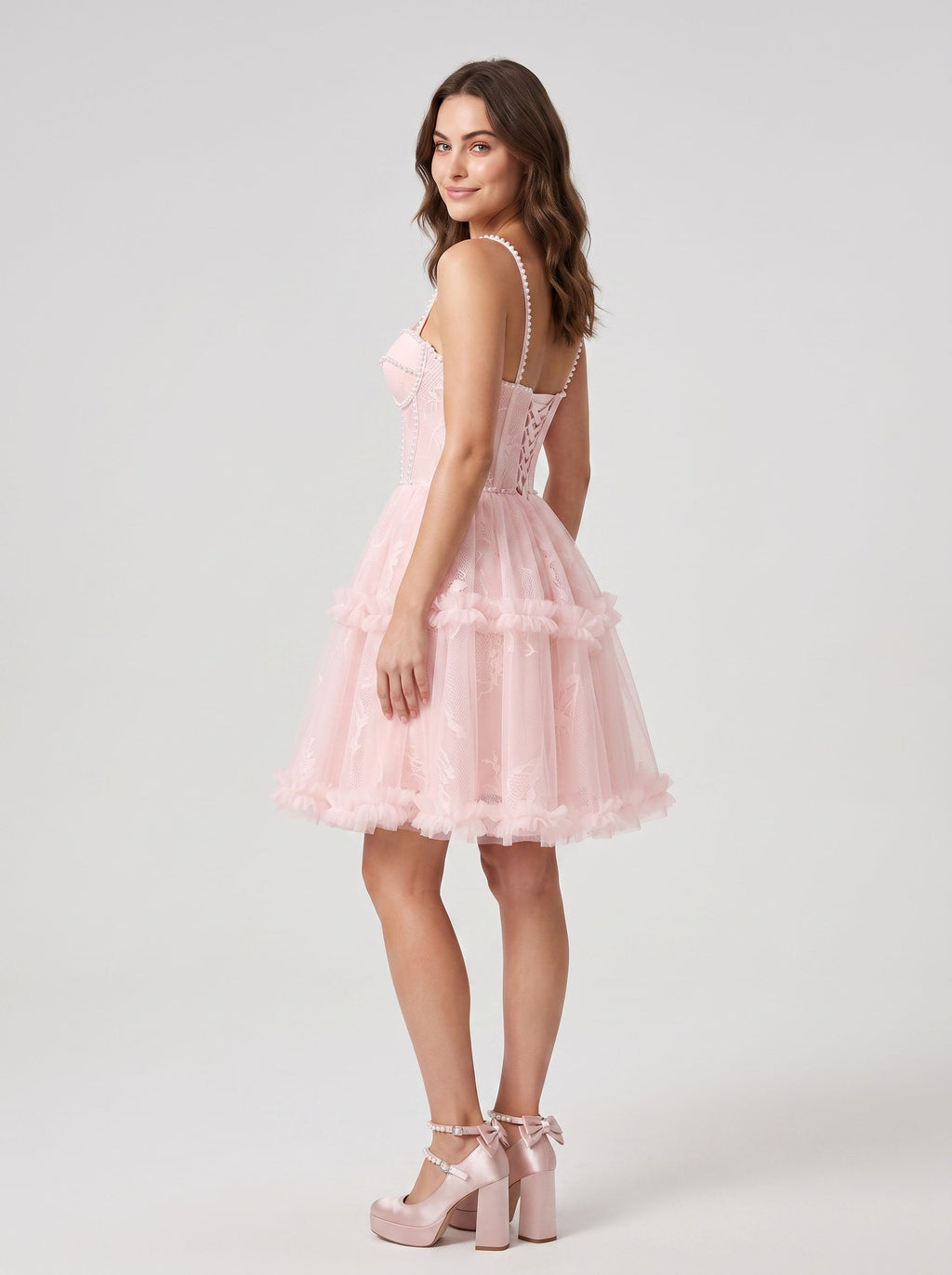 Blushing Pink Tulle A-Line Sweetheart Criss-Cross Straps Short Dress with Beaded Bodice