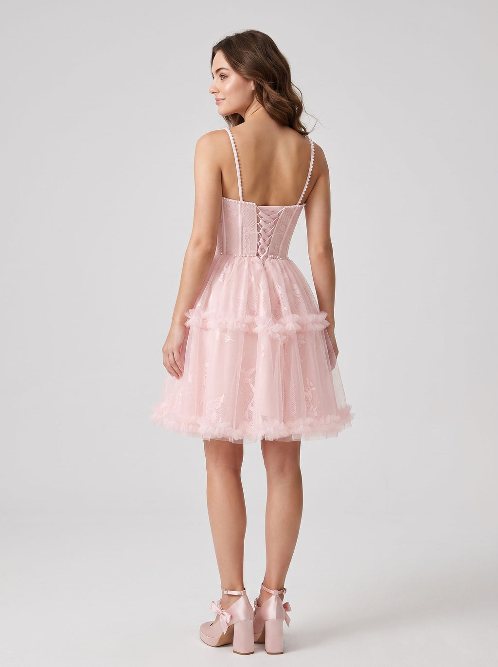 Blushing Pink Tulle A-Line Sweetheart Criss-Cross Straps Short Dress with Beaded Bodice
