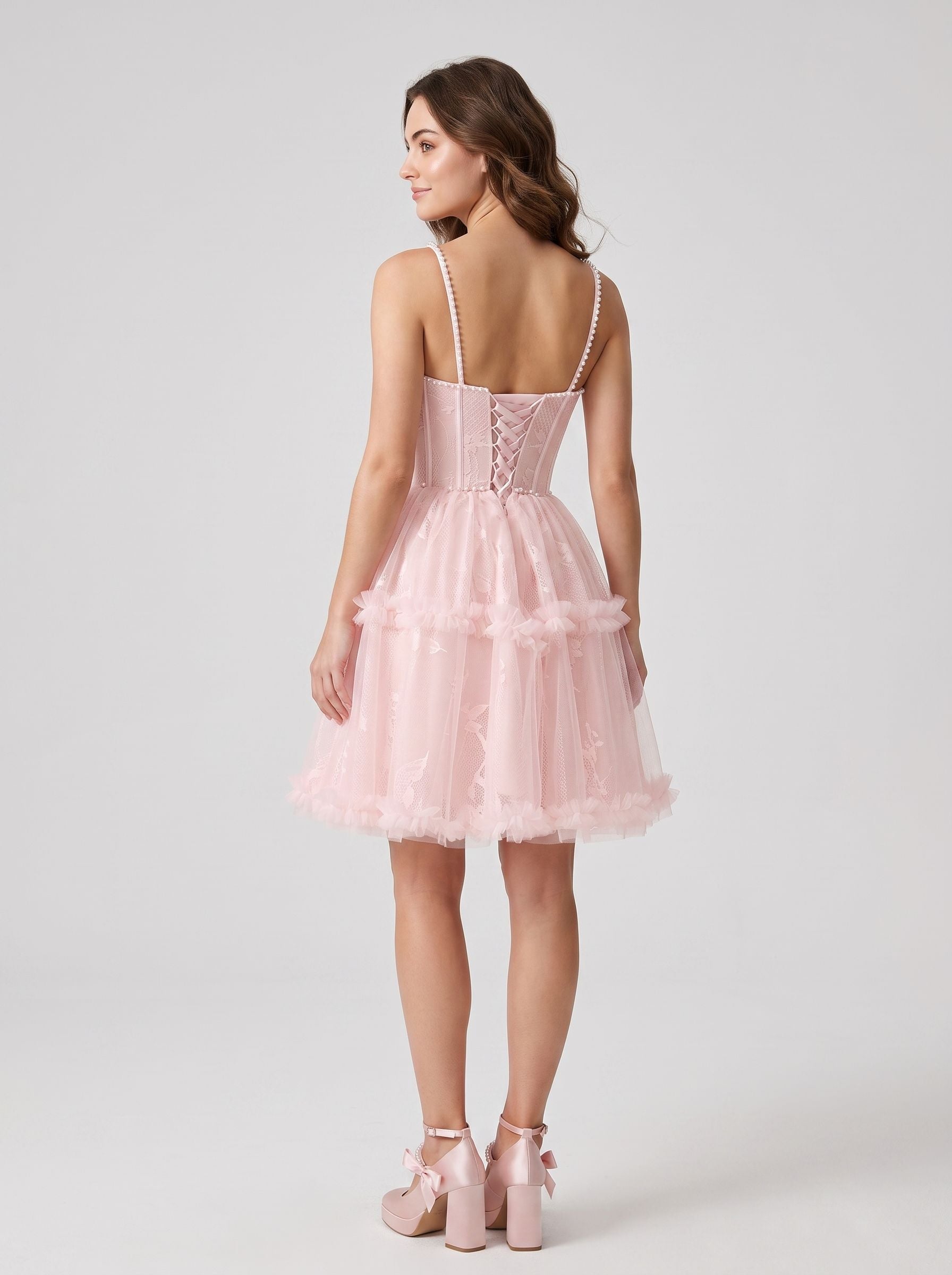 Blushing Pink Tulle A-Line Sweetheart Criss-Cross Straps Short Dress with Beaded Bodice