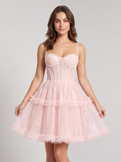 Blushing Pink Tulle A-Line Sweetheart Criss-Cross Straps Short Dress with Beaded Bodice