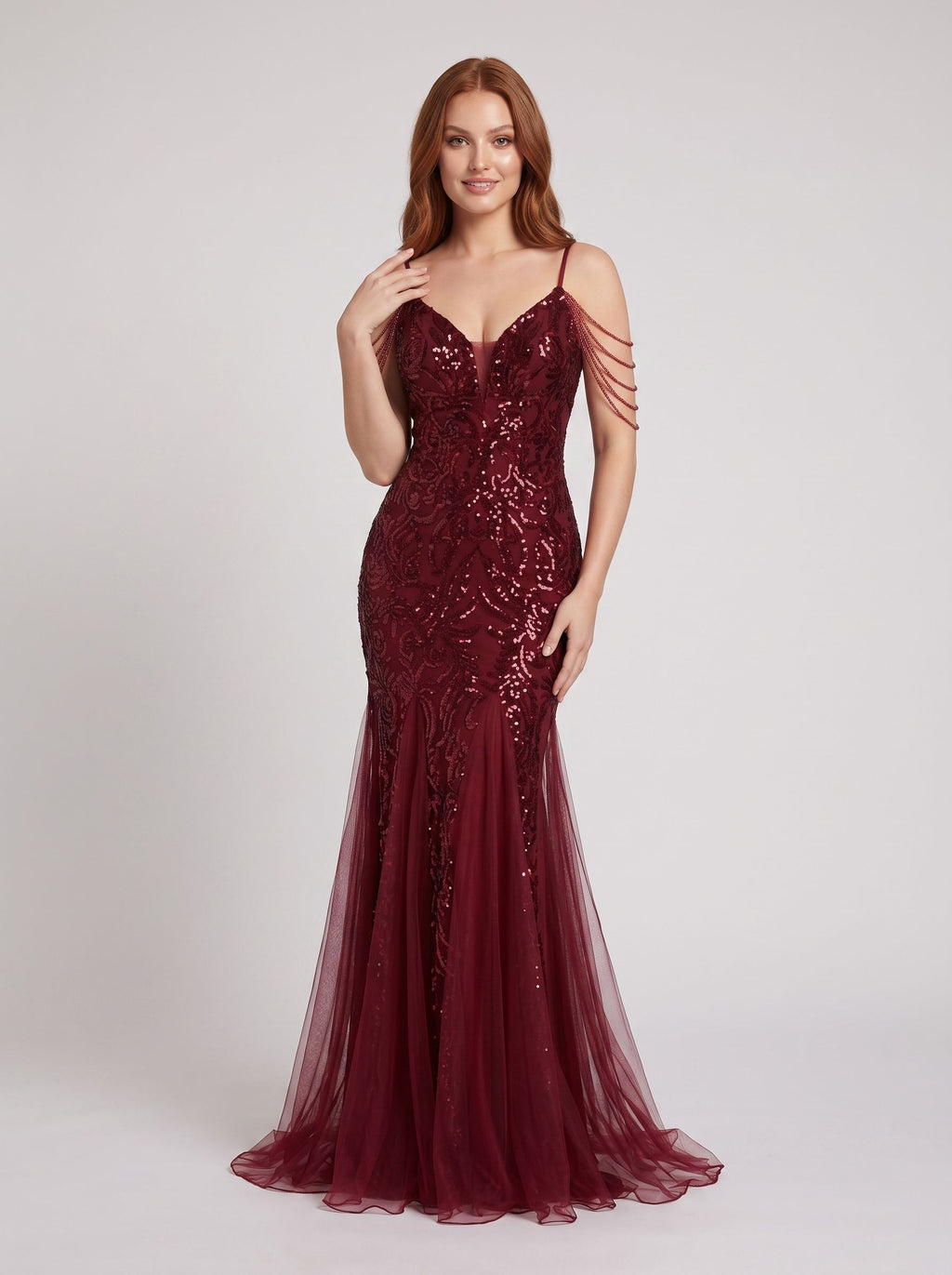 Burgundy Tulle mermaid V-Neck Back Zip Floor-Length Dress with 3D Flower Appliques and Beading