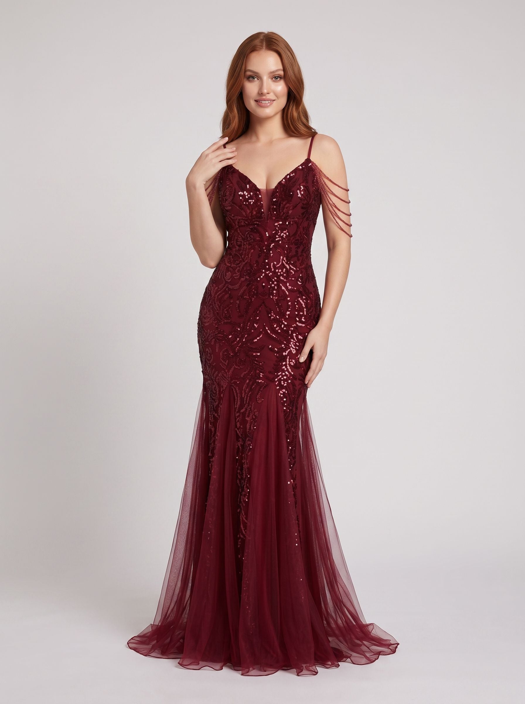 Burgundy Tulle mermaid V-Neck Back Zip Floor-Length Dress with 3D Flower Appliques and Beading