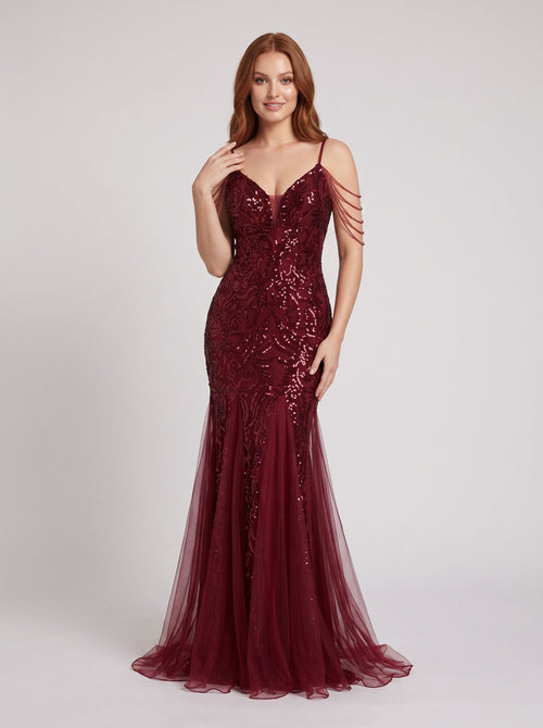 Burgundy Tulle mermaid V-Neck Back Zip Floor-Length Dress with 3D Flower Appliques and Beading