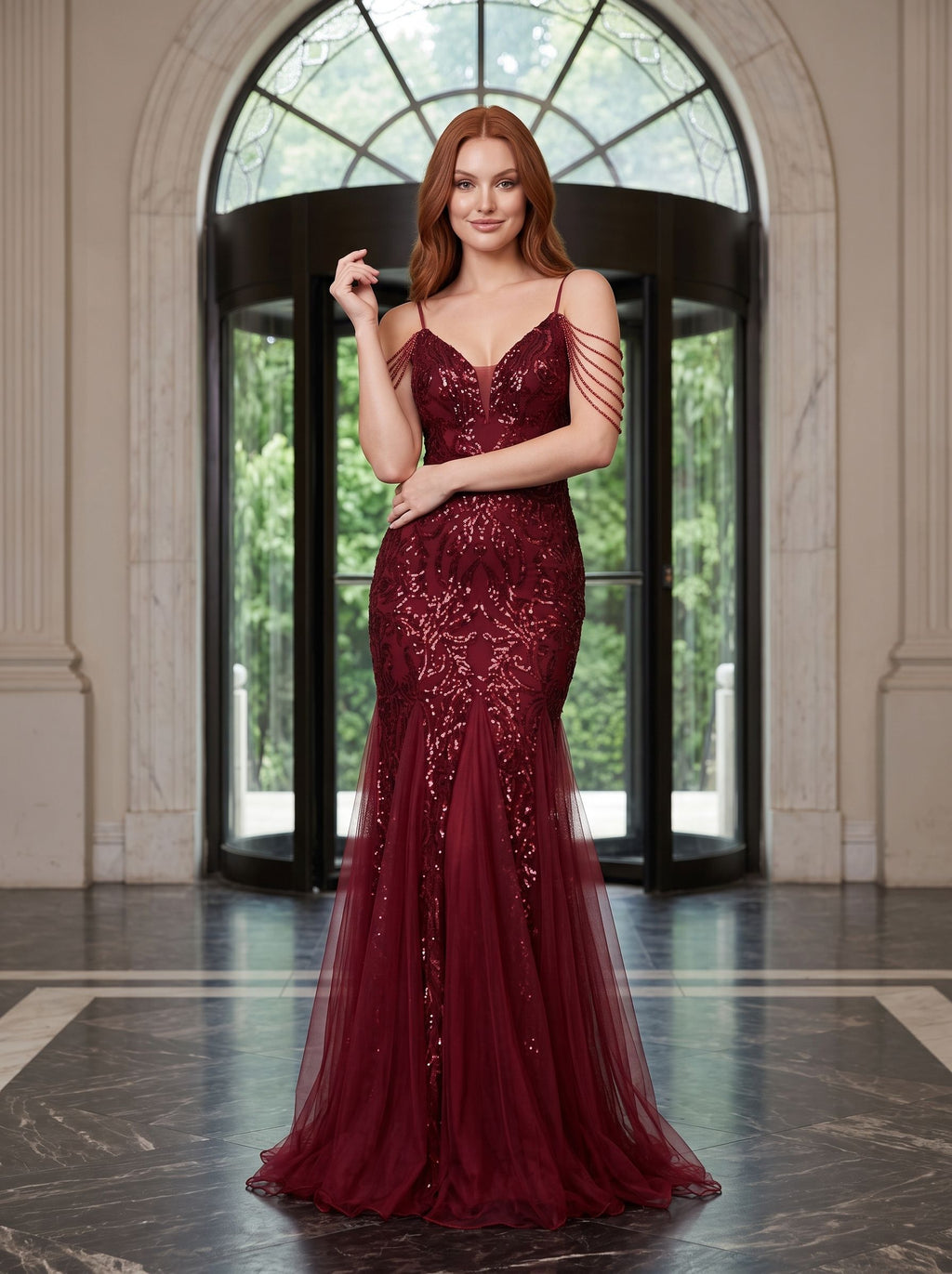 Burgundy Tulle mermaid V-Neck Back Zip Floor-Length Dress with 3D Flower Appliques and Beading