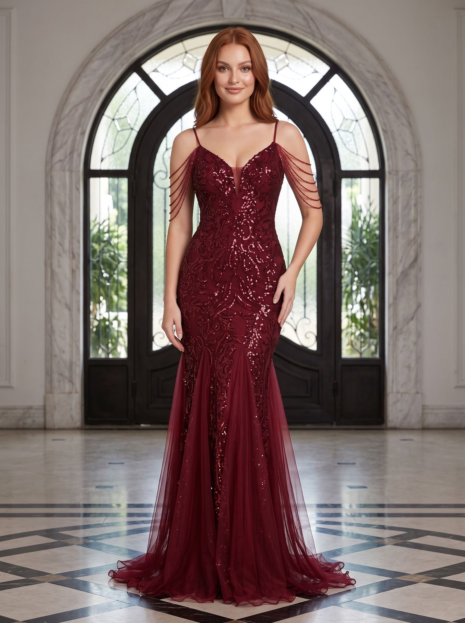 Burgundy Tulle mermaid V-Neck Back Zip Floor-Length Dress with 3D Flower Appliques and Beading