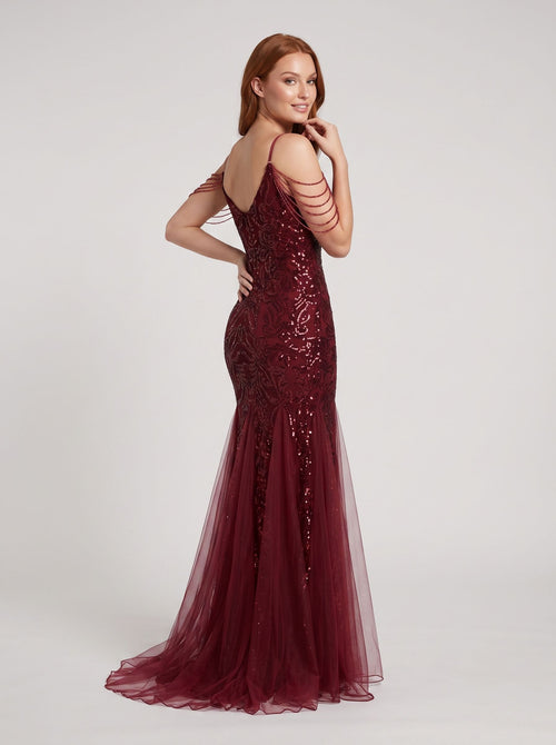 Burgundy Tulle mermaid V-Neck Back Zip Floor-Length Dress with 3D Flower Appliques and Beading