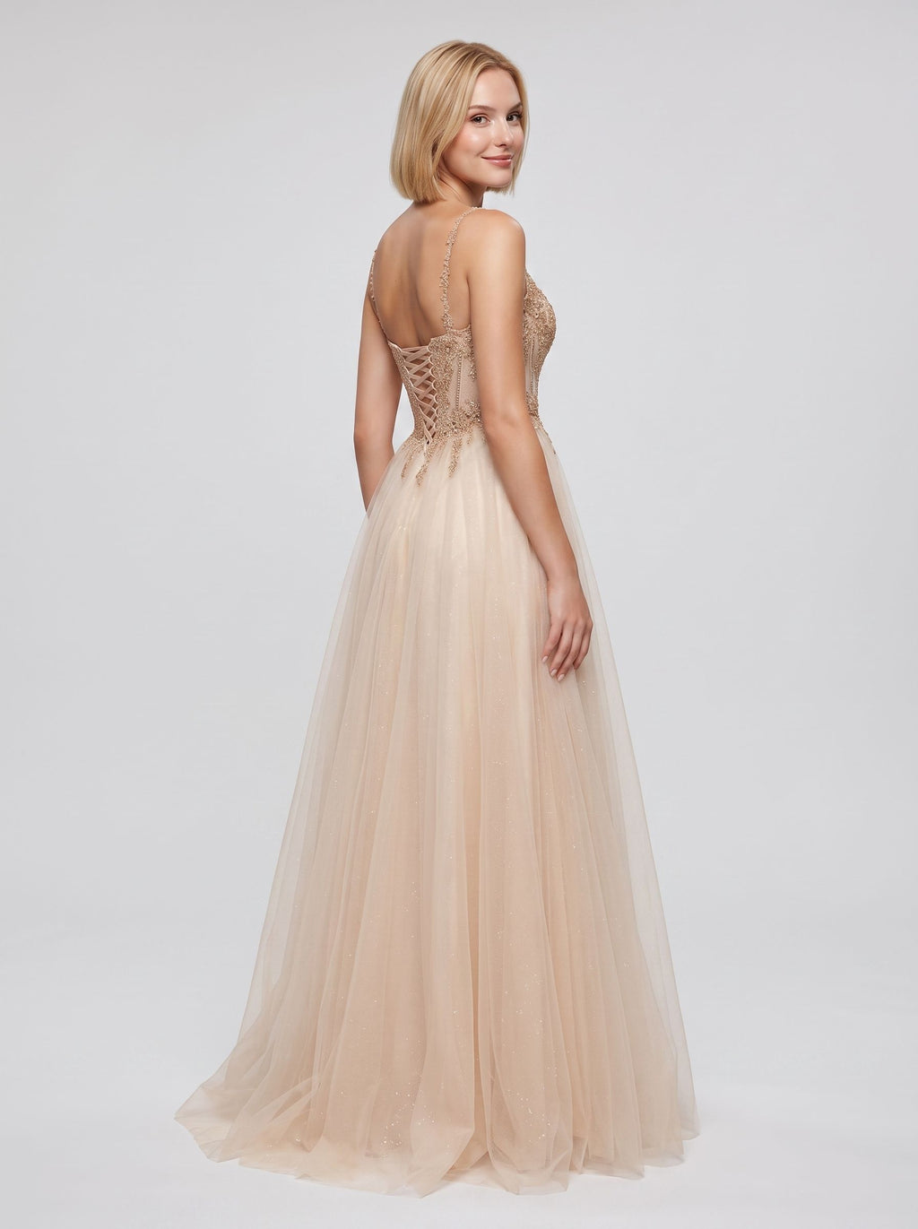 Sand Tulle A-Line Sweetheart Corset Back Floor-Length Dress with Crystal-Beaded Bodice