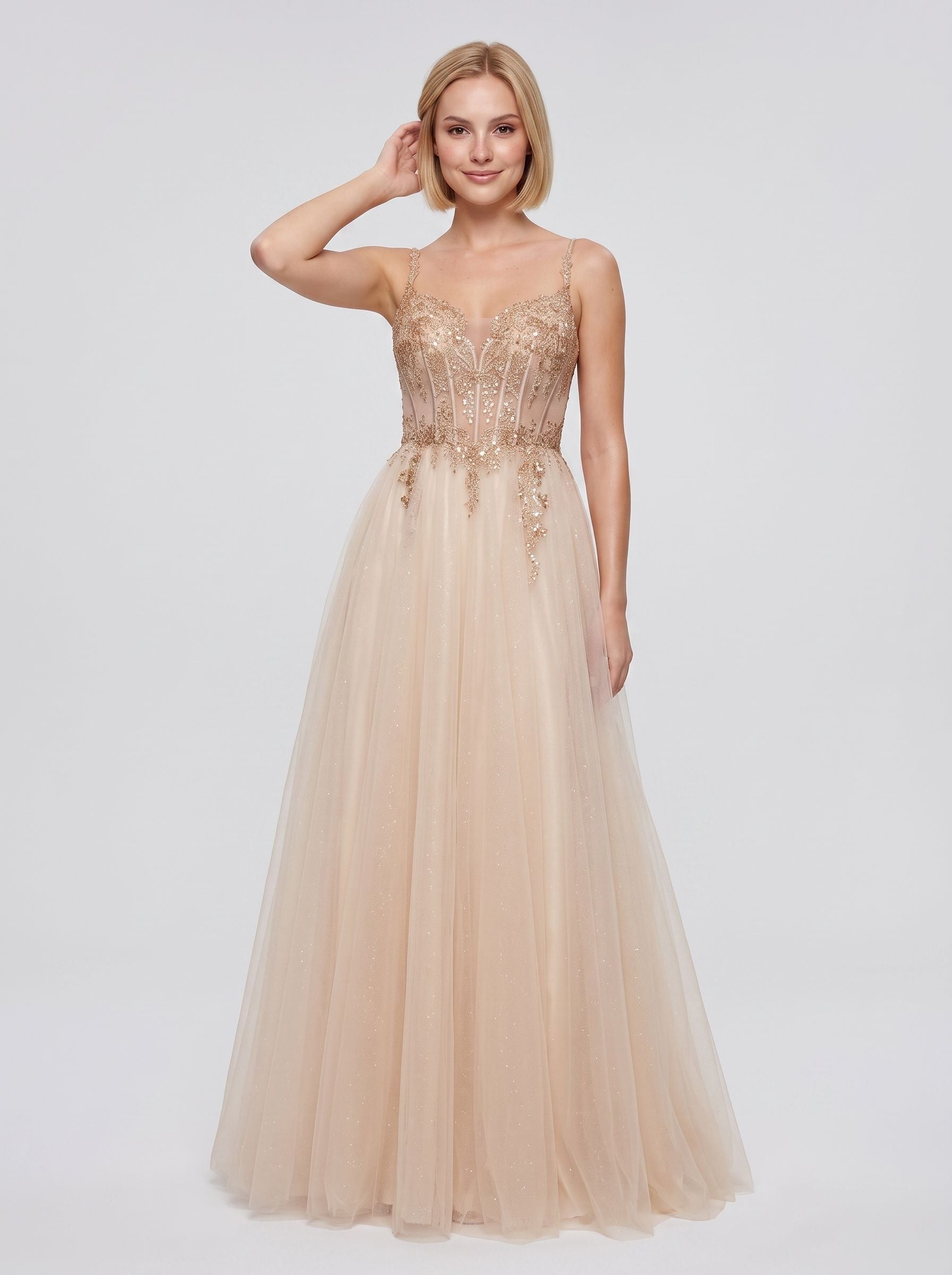 Sand Tulle A-Line Sweetheart Corset Back Floor-Length Dress with Crystal-Beaded Bodice