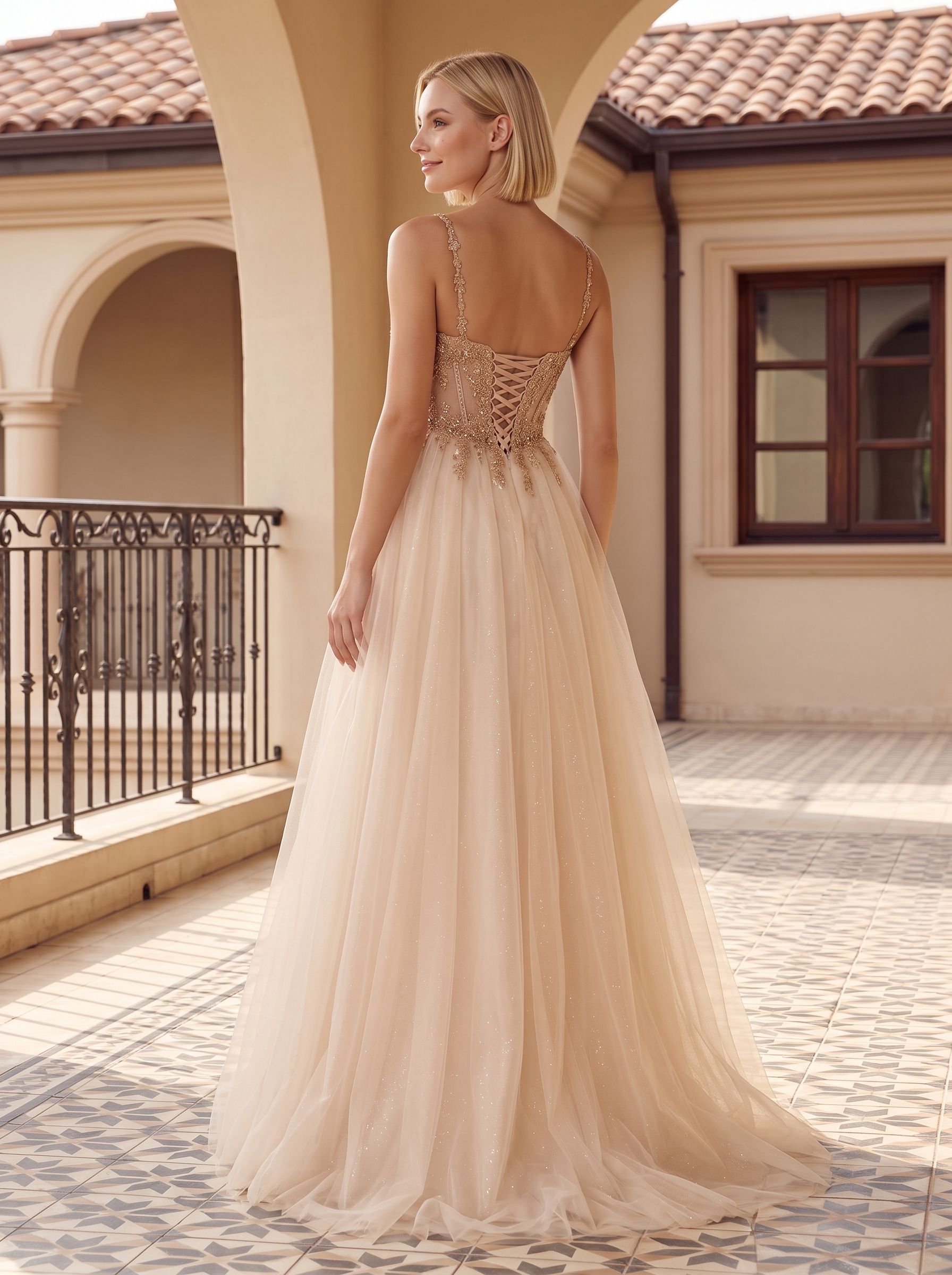 Sand Tulle A-Line Sweetheart Corset Back Floor-Length Dress with Crystal-Beaded Bodice