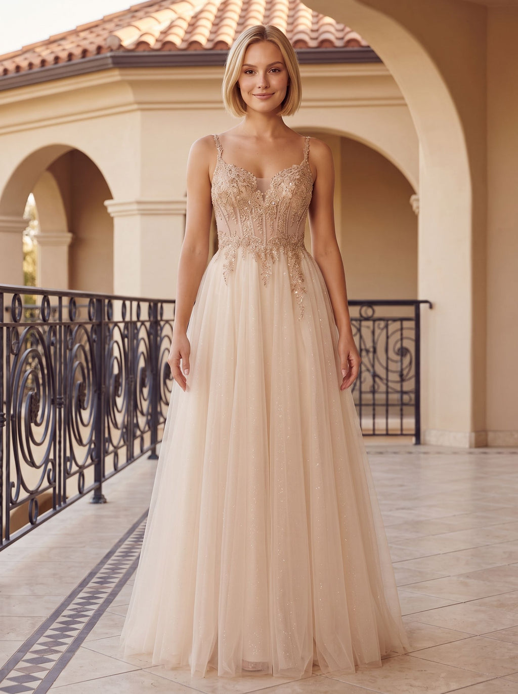 Sand Tulle A-Line Sweetheart Corset Back Floor-Length Dress with Crystal-Beaded Bodice