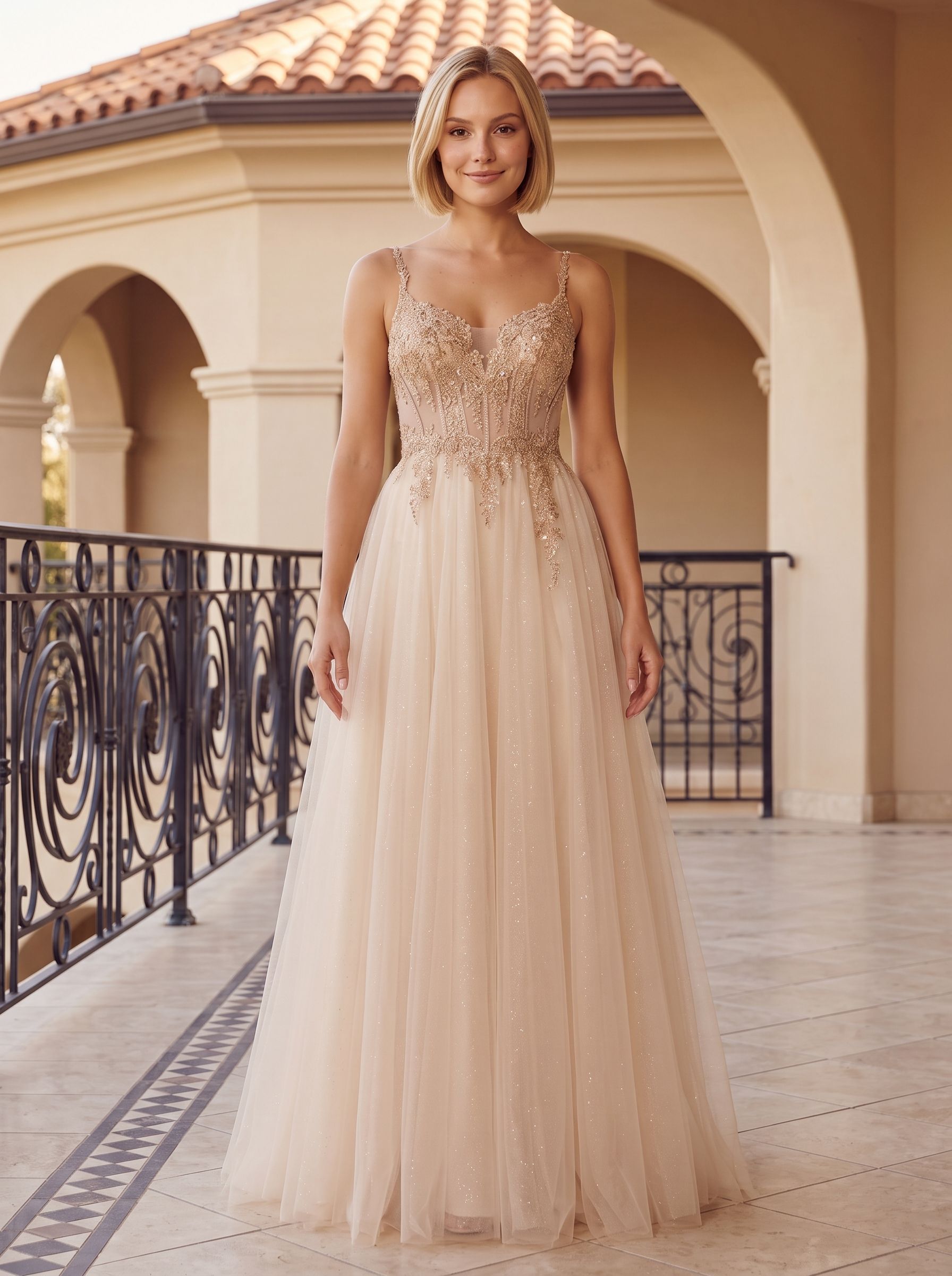 Sand Tulle A-Line Sweetheart Corset Back Floor-Length Dress with Crystal-Beaded Bodice