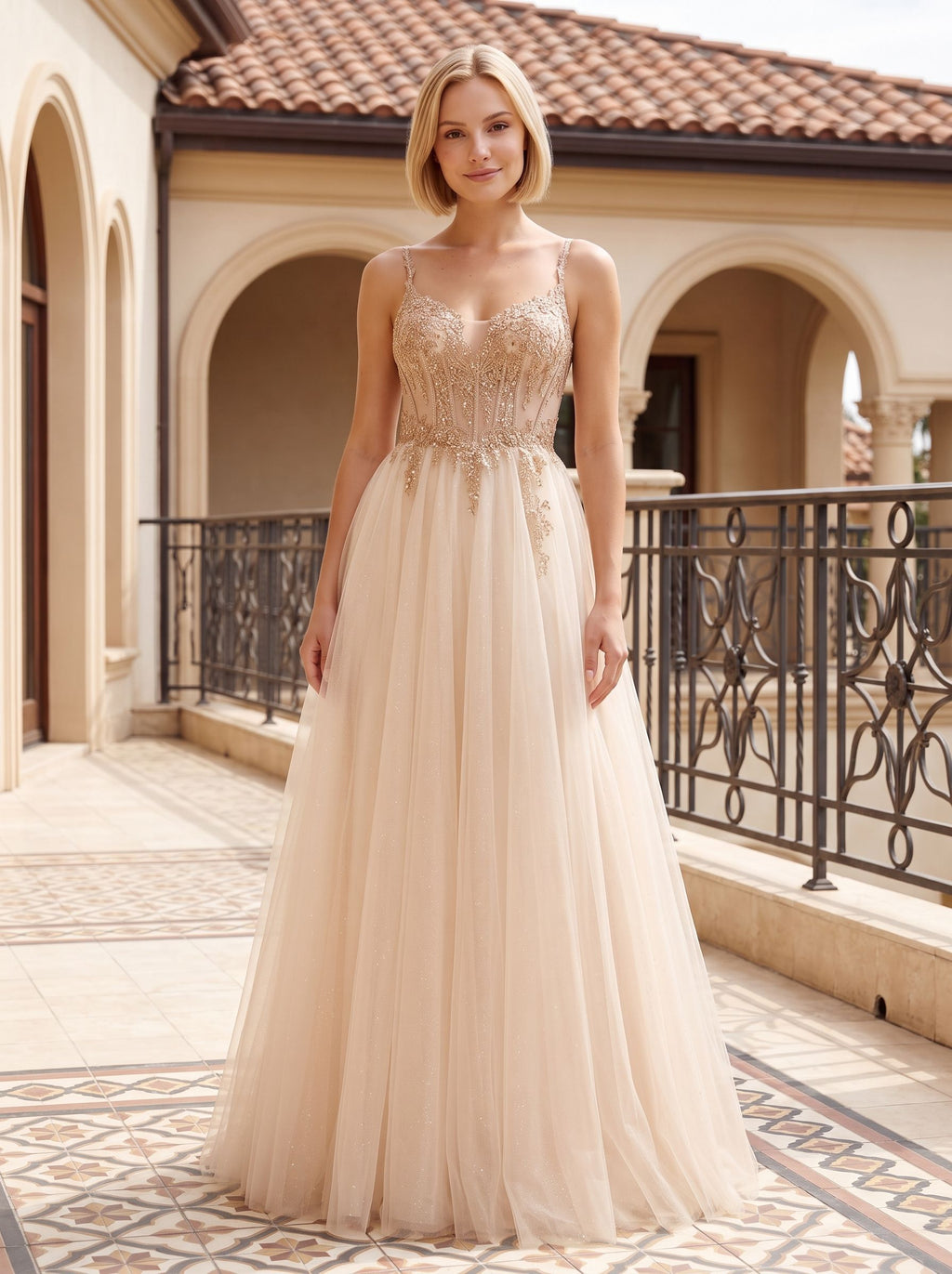 Sand Tulle A-Line Sweetheart Corset Back Floor-Length Dress with Crystal-Beaded Bodice