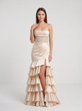 Champagne Satin Mermaid Straight Neck Corset Back Floor-Length Dress with Sequined Lace Bodice