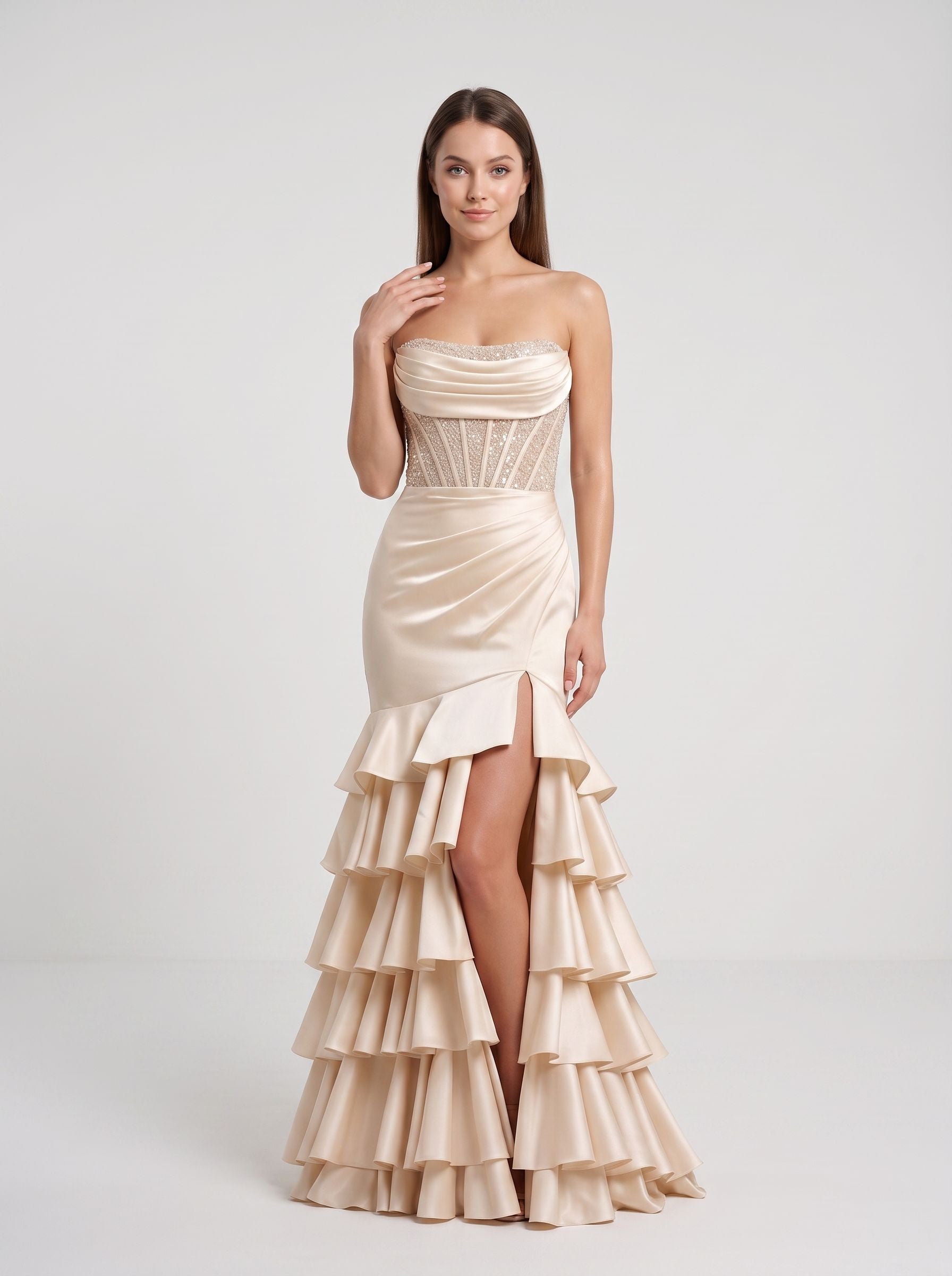 Champagne Satin Mermaid Straight Neck Corset Back Floor-Length Dress with Sequined Lace Bodice