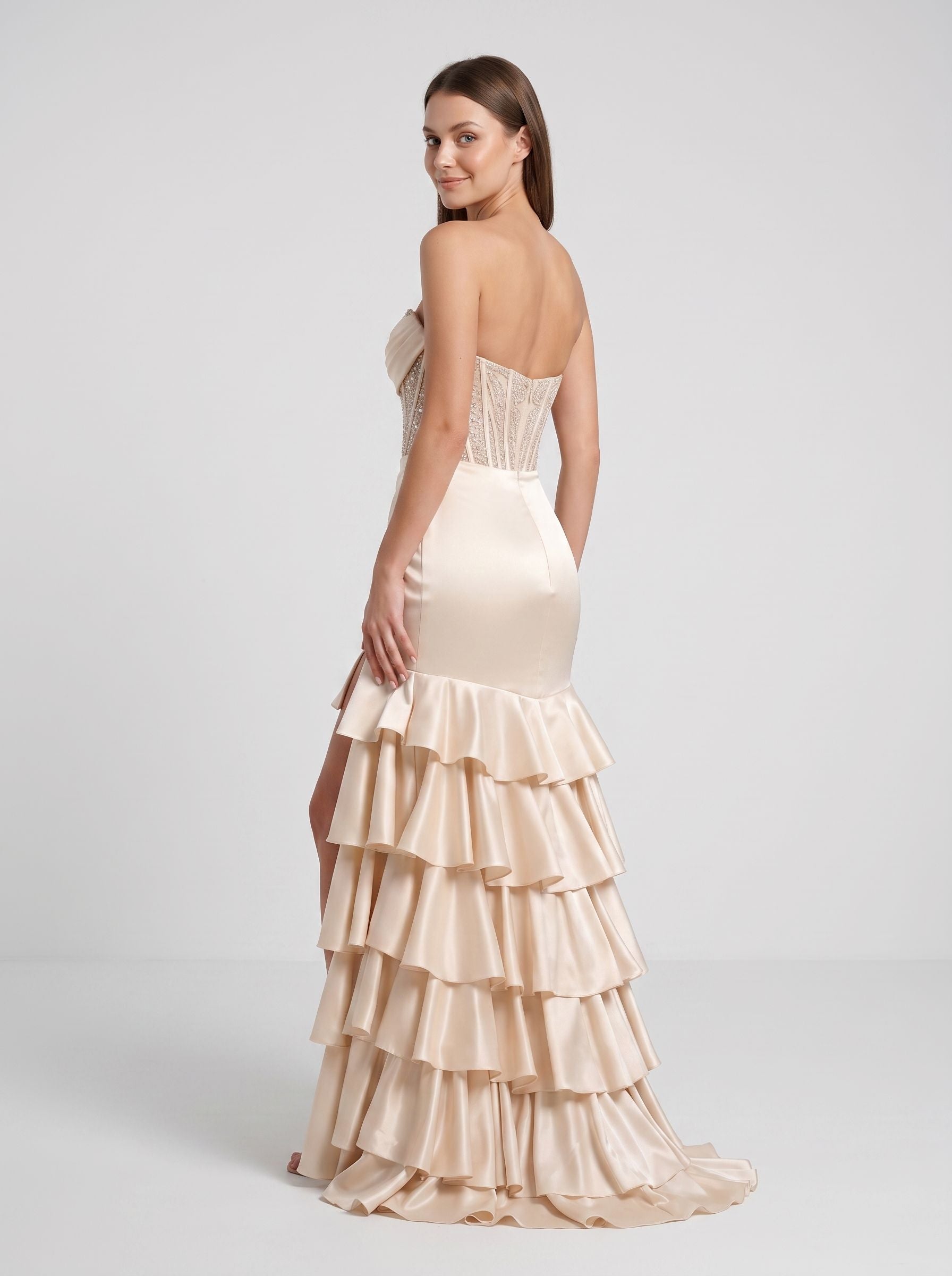 Champagne Satin Mermaid Straight Neck Corset Back Floor-Length Dress with Sequined Lace Bodice