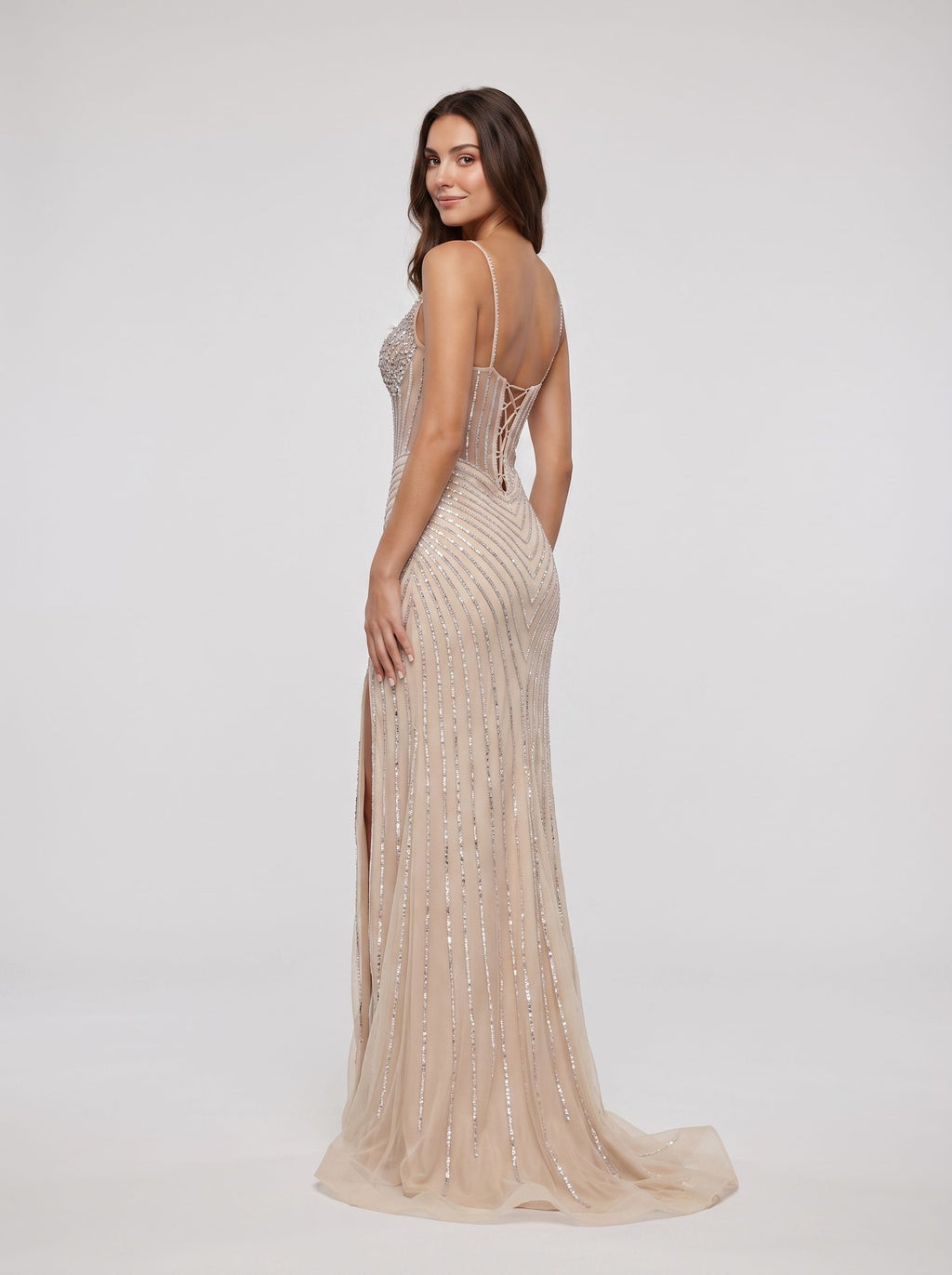 Sand Tulle Sheath V-Neck Lace-up Floor-Length Dress with Sheer Beaded Corset and Slit