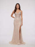Sand Tulle Sheath V-Neck Lace-up Floor-Length Dress with Sheer Beaded Corset and Slit