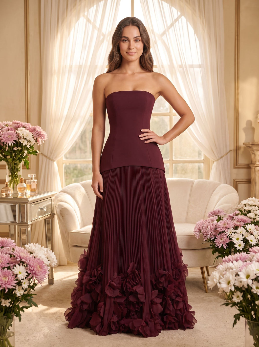 Cabernet Crepe A-Line Straight Neck Lace-up Floor-Length Dress