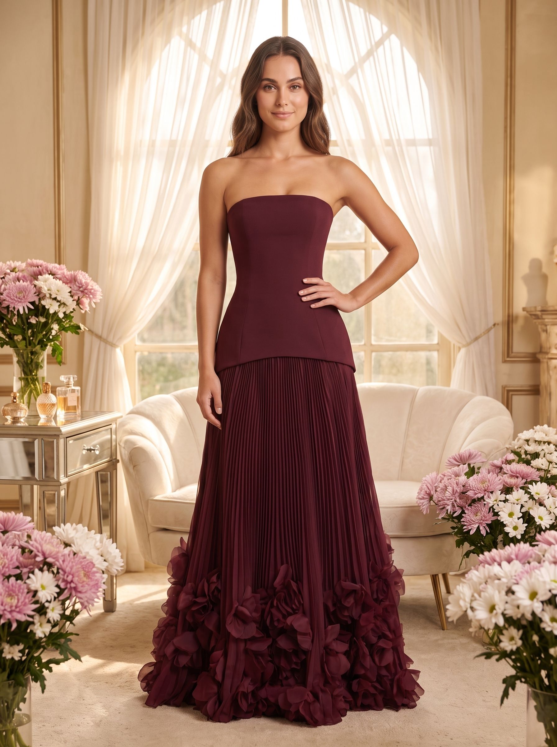 Cabernet Crepe A-Line Straight Neck Lace-up Floor-Length Dress