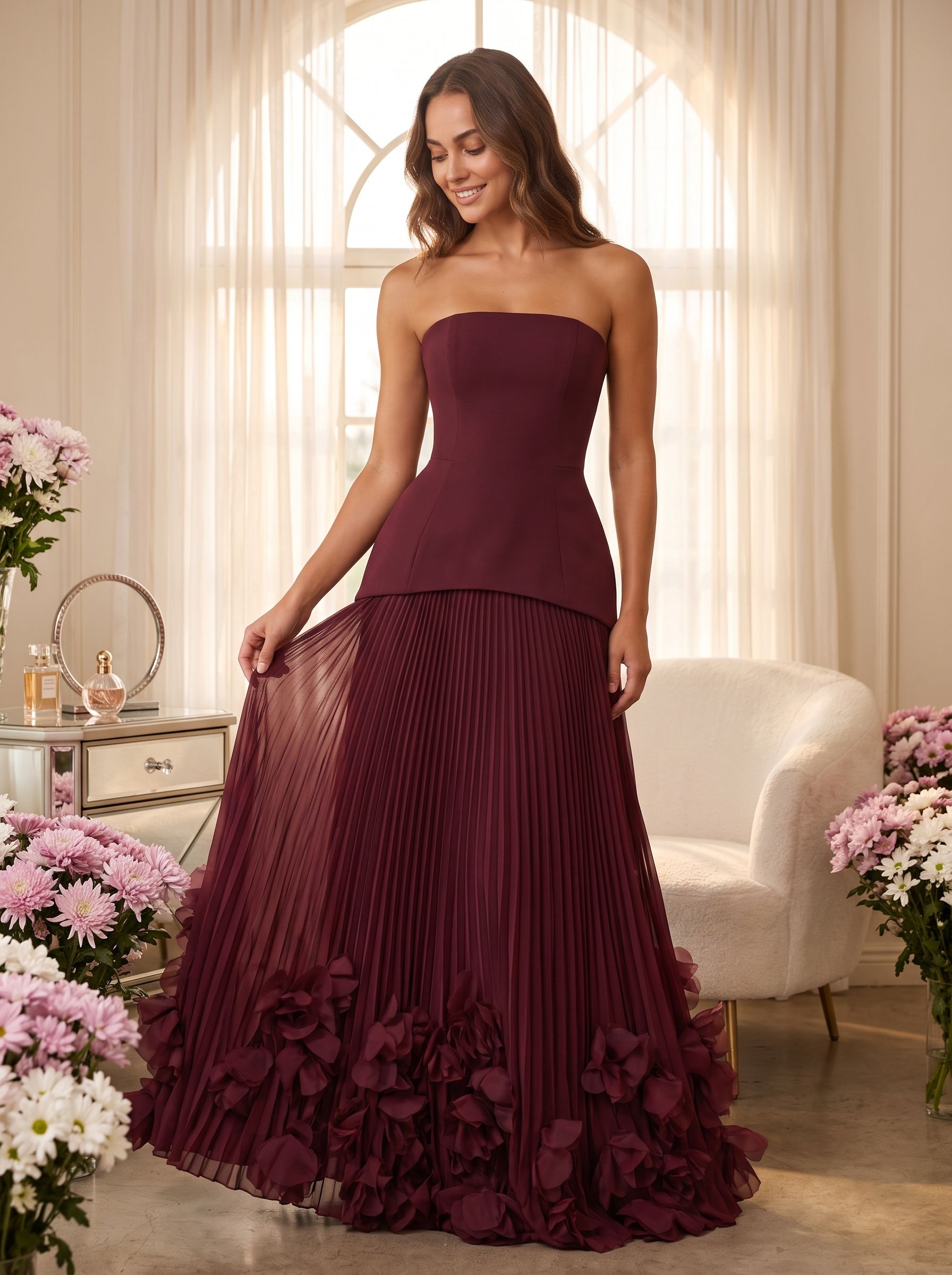 Cabernet Crepe A-Line Straight Neck Lace-up Floor-Length Dress