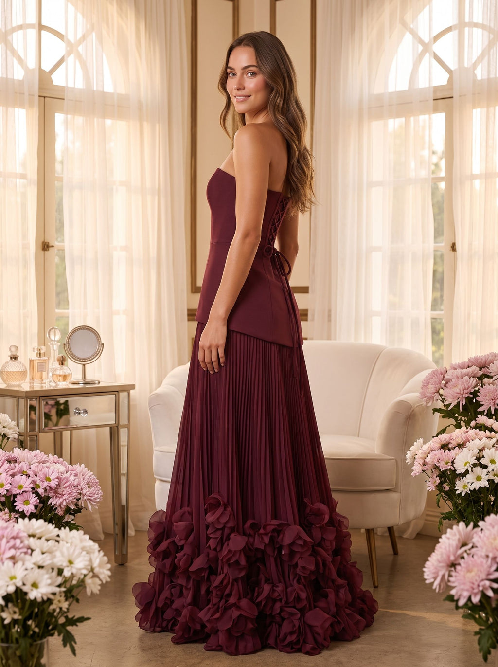 Cabernet Crepe A-Line Straight Neck Lace-up Floor-Length Dress