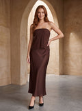 Mocha Satin Column Straight Neck Backless Long Dress with floral lace overlay