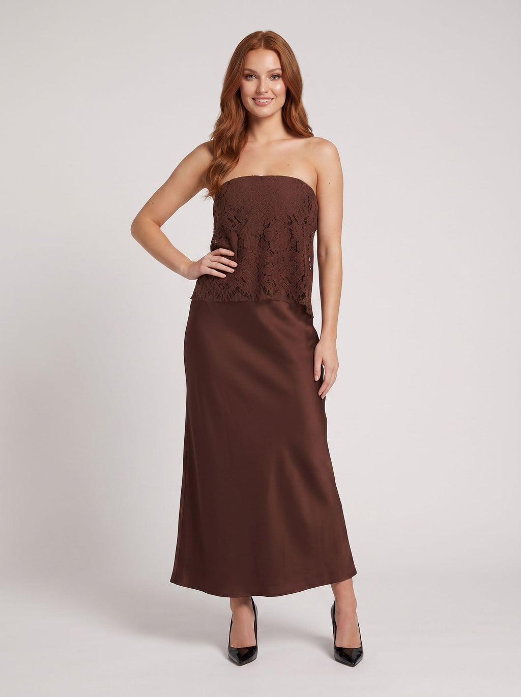 Mocha Satin Column Straight Neck Backless Long Dress with floral lace overlay
